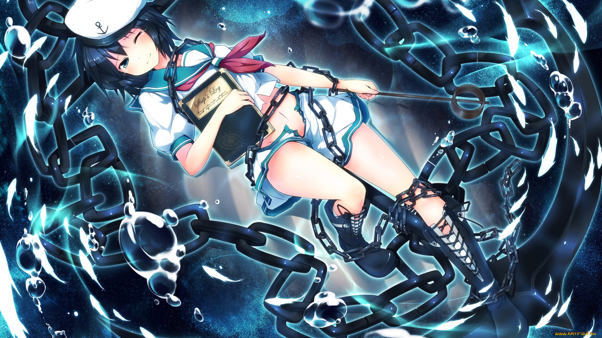 аниме, touhou, якорь, пузырьки, цепи, арт, ugume, murasa, minamitsu, рыбки, вода, девушка