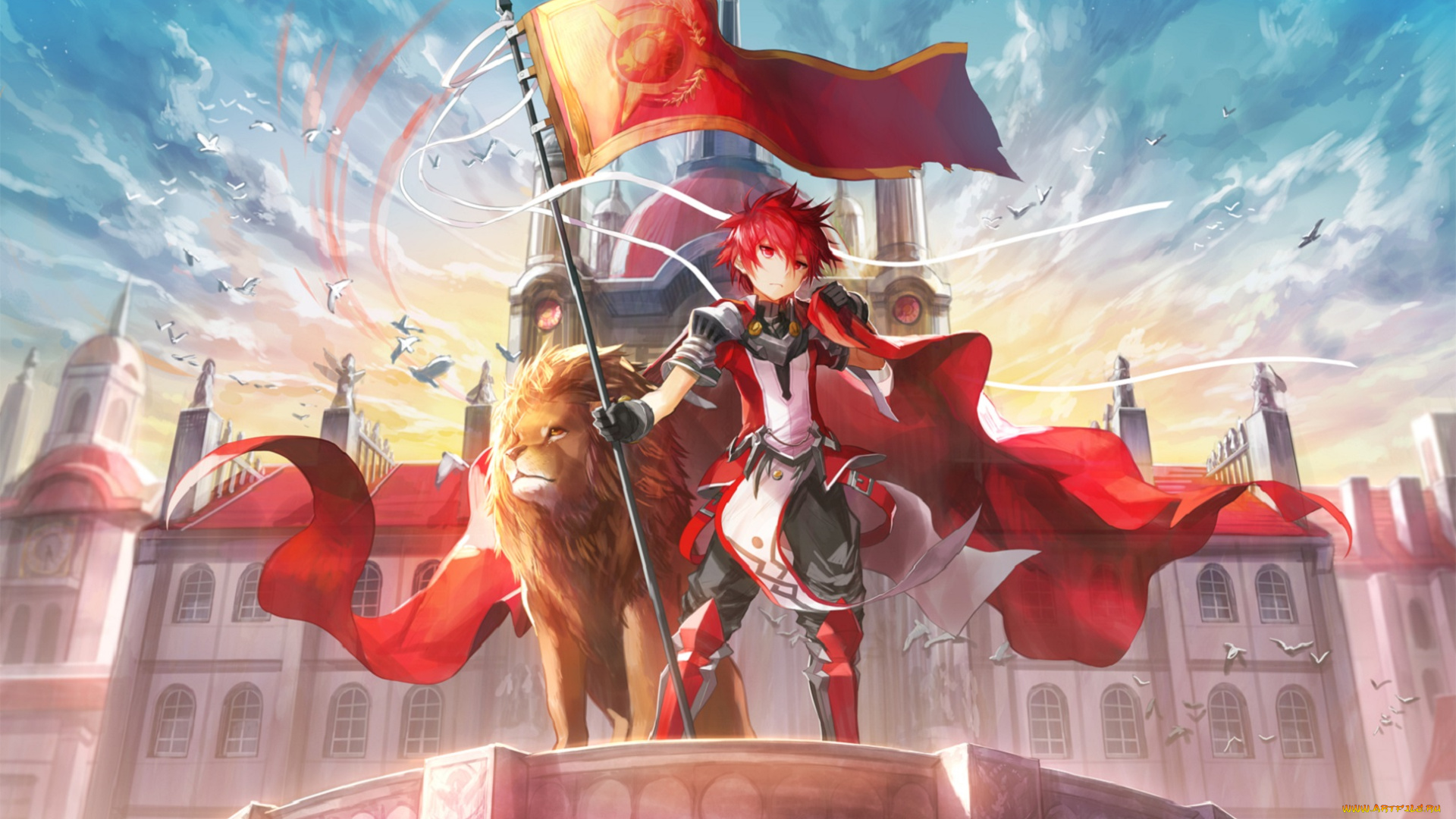 аниме, животные, , существа, scorpion5050, арт, птицы, облака, закат, город, лев, , флаг, мужчина, город., улицы, здания, небо