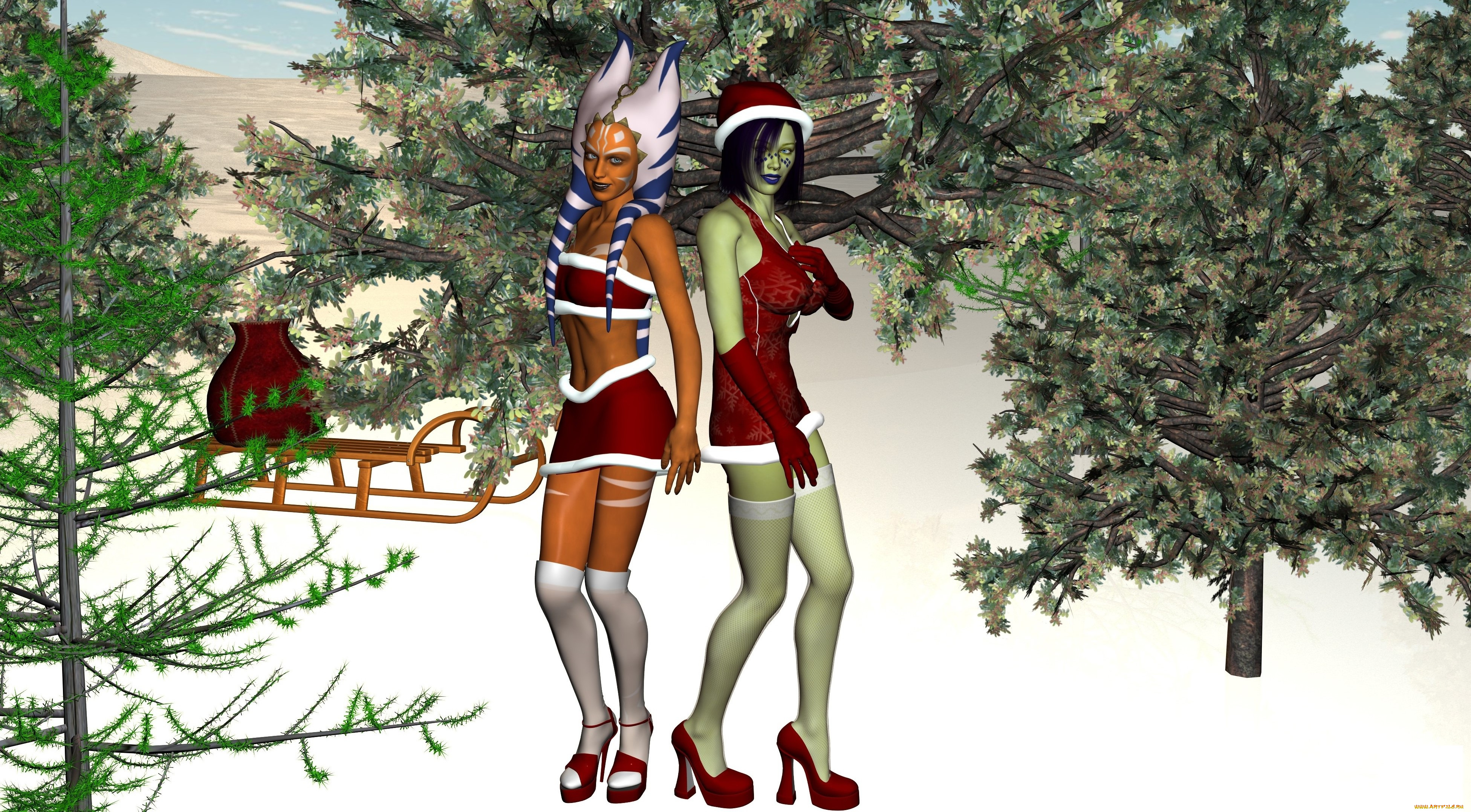 3д, графика, существа, , creatures, санки, ели, лес, зима, фон, взгляд, халки