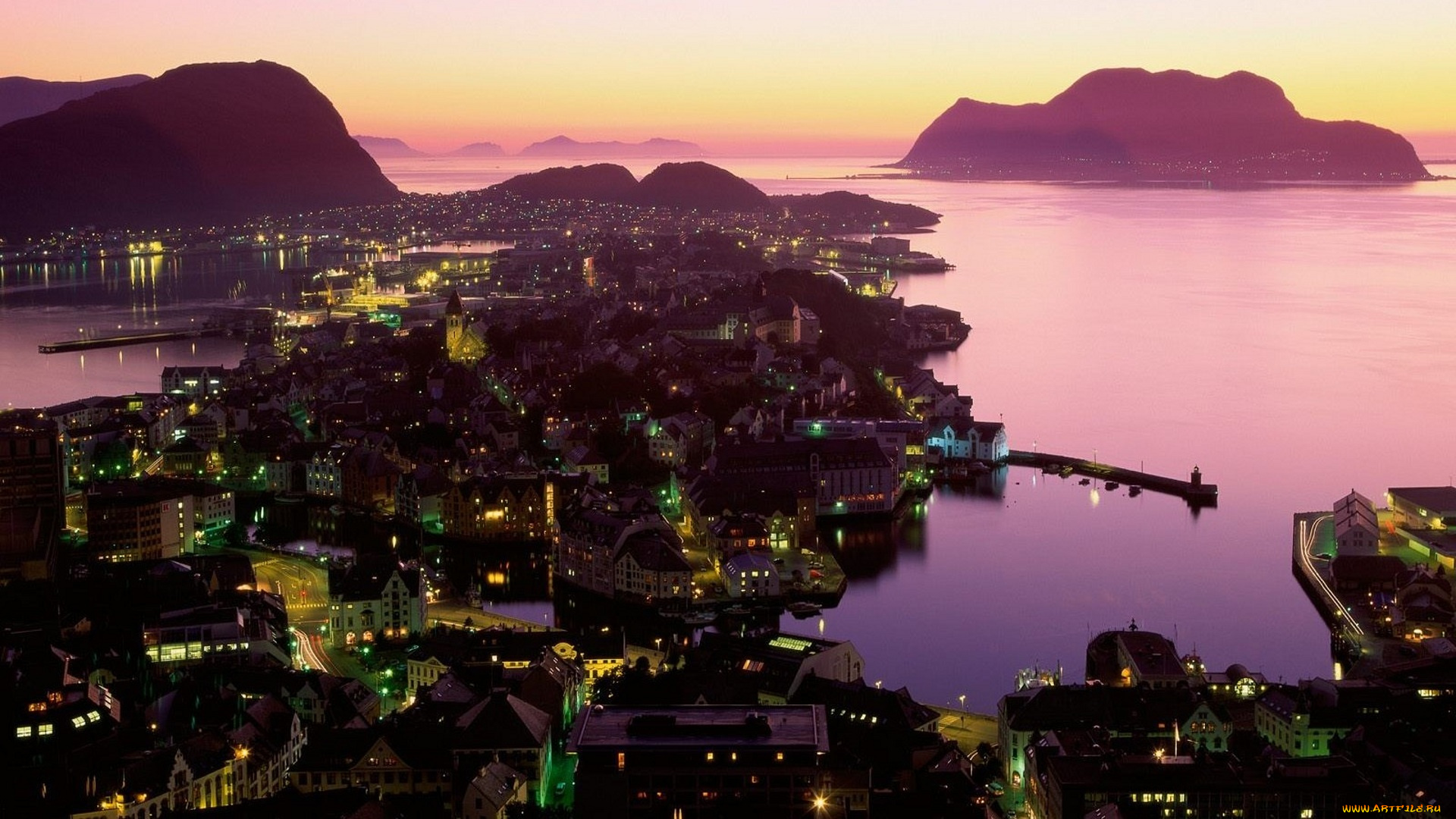 alesund, , norway, города, -, огни, ночного, города, скалы, залив, море, небо, вечер, закат, огни, здания, дома, город