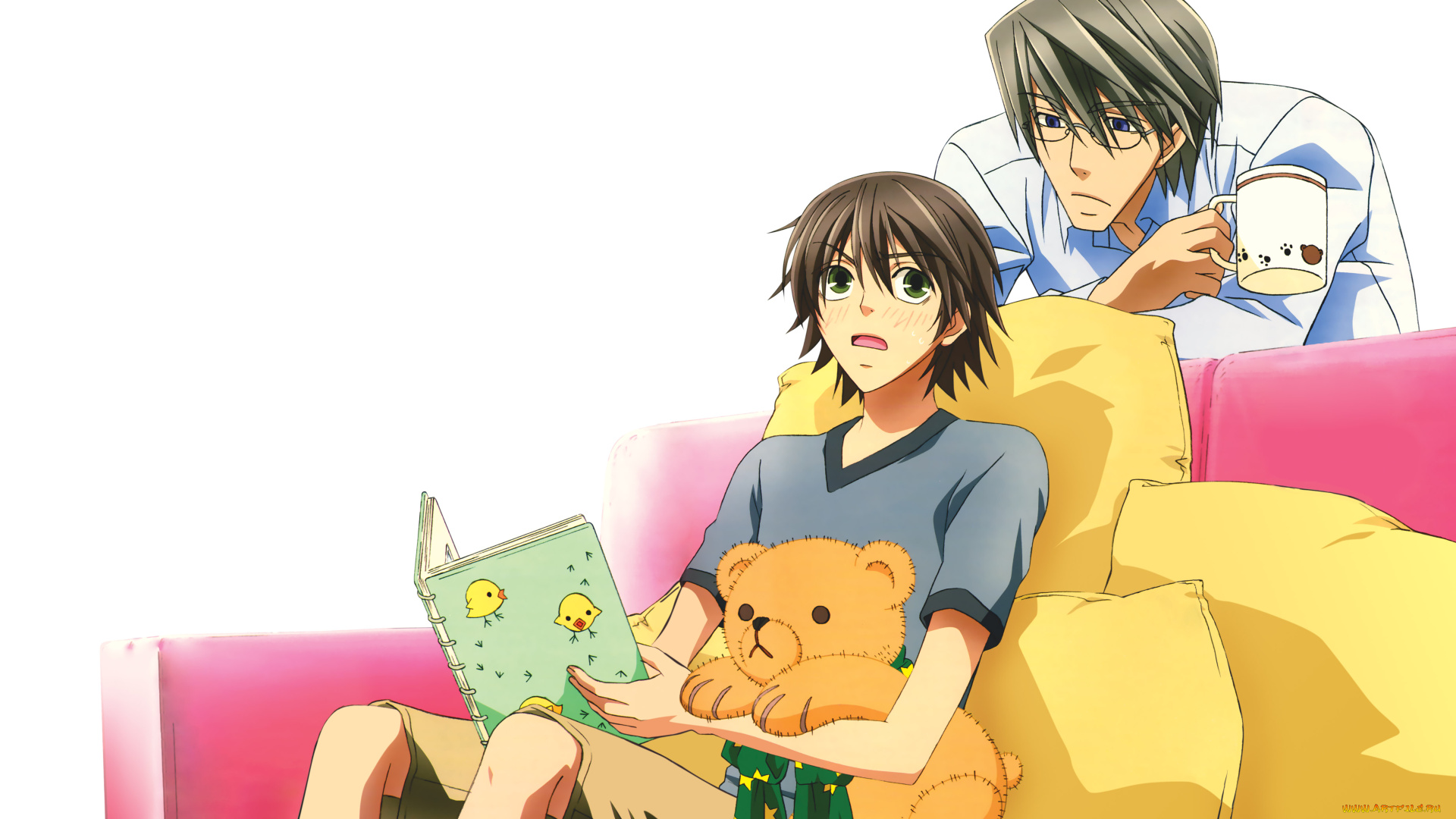 аниме, junjou, romantica, арт, junjou, romantica, парни, игрушки, мишки, пара
