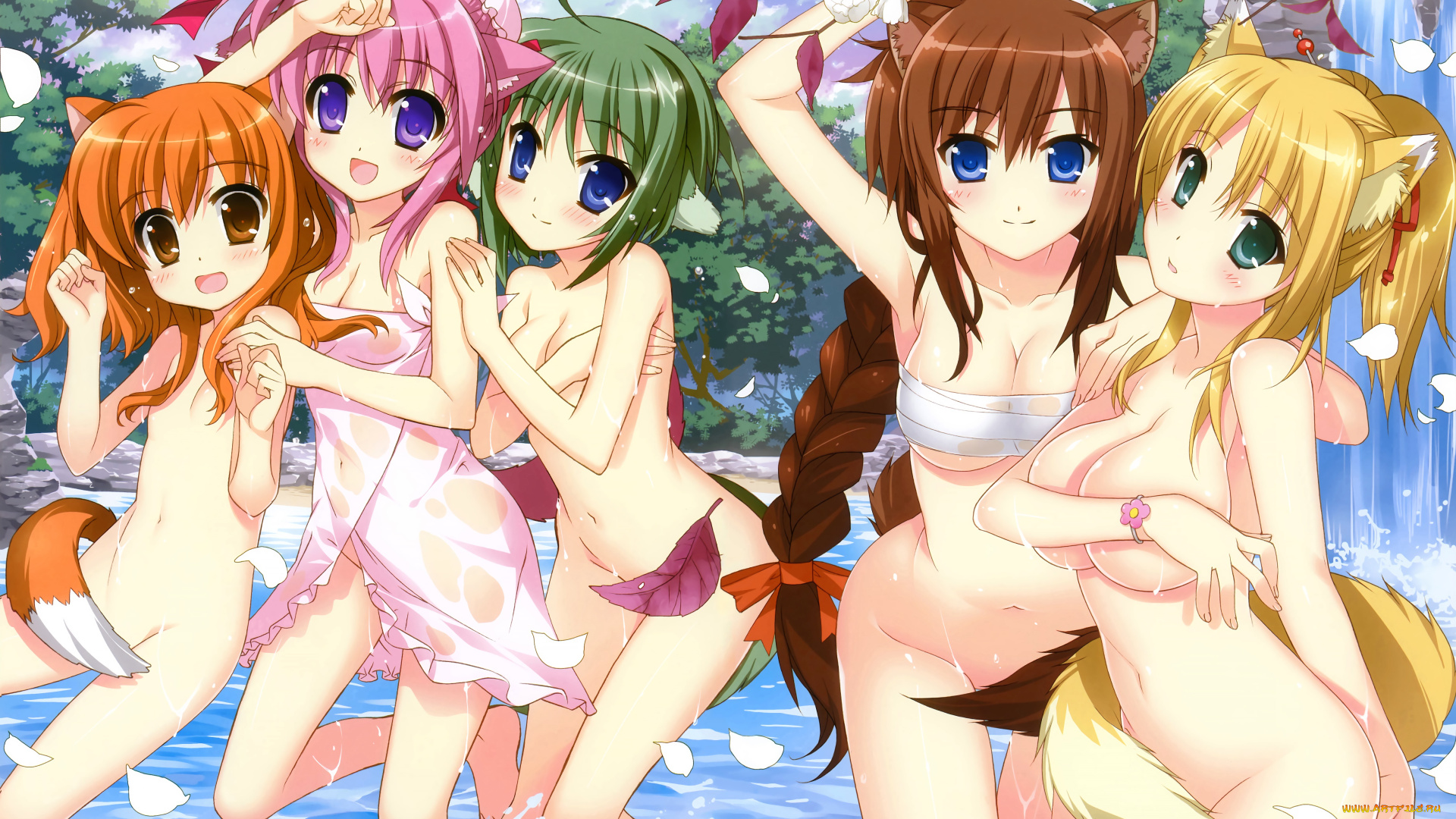 аниме, животные, , существа, цветы, грудь, ветка, фон, взгляд, девушки