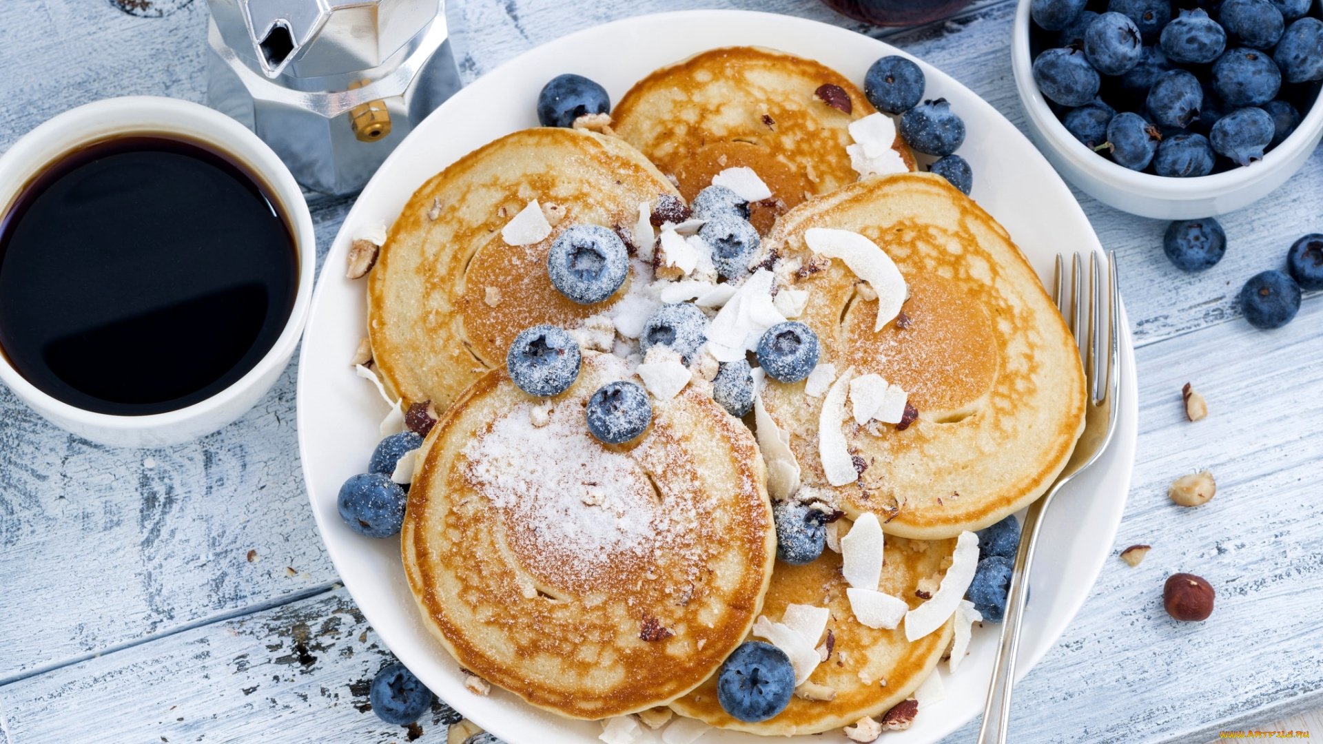еда, блины, , оладьи, кофе, голубика, оладьи, панкейк, завтрак