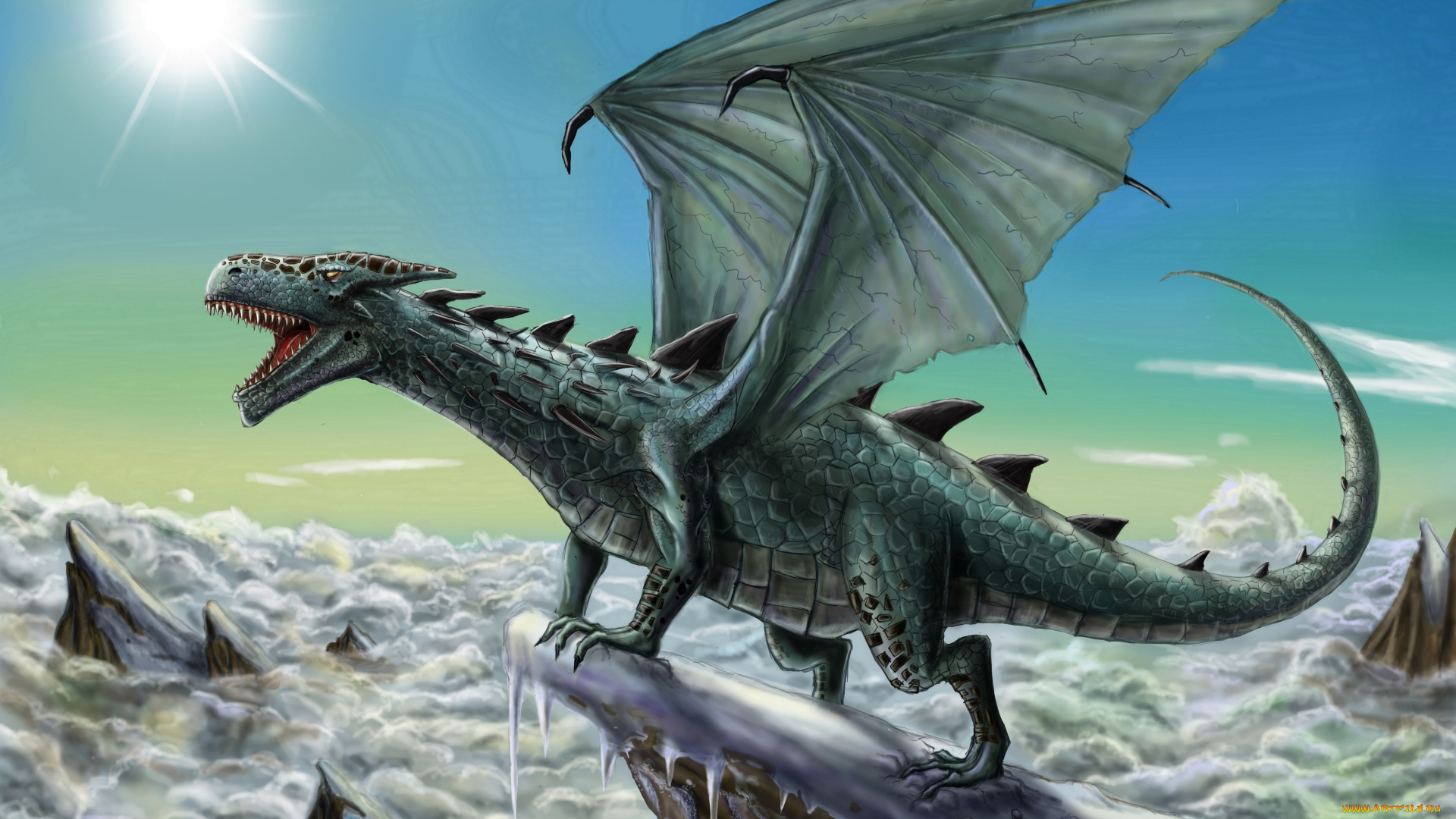 фэнтези, драконы, дракон, скалы, облака, крылья