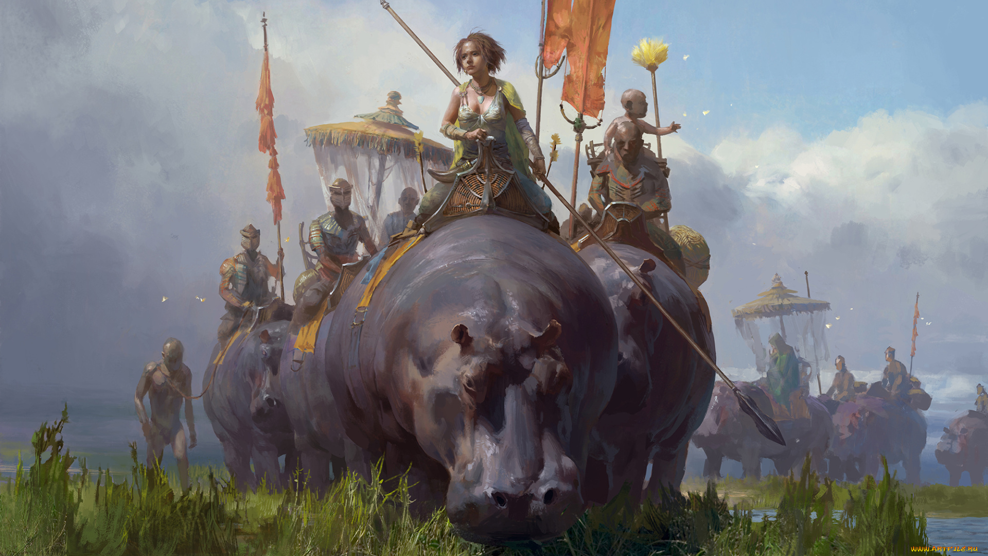 фэнтези, люди, иной, мир, племя, бегемоты, девушка, воины