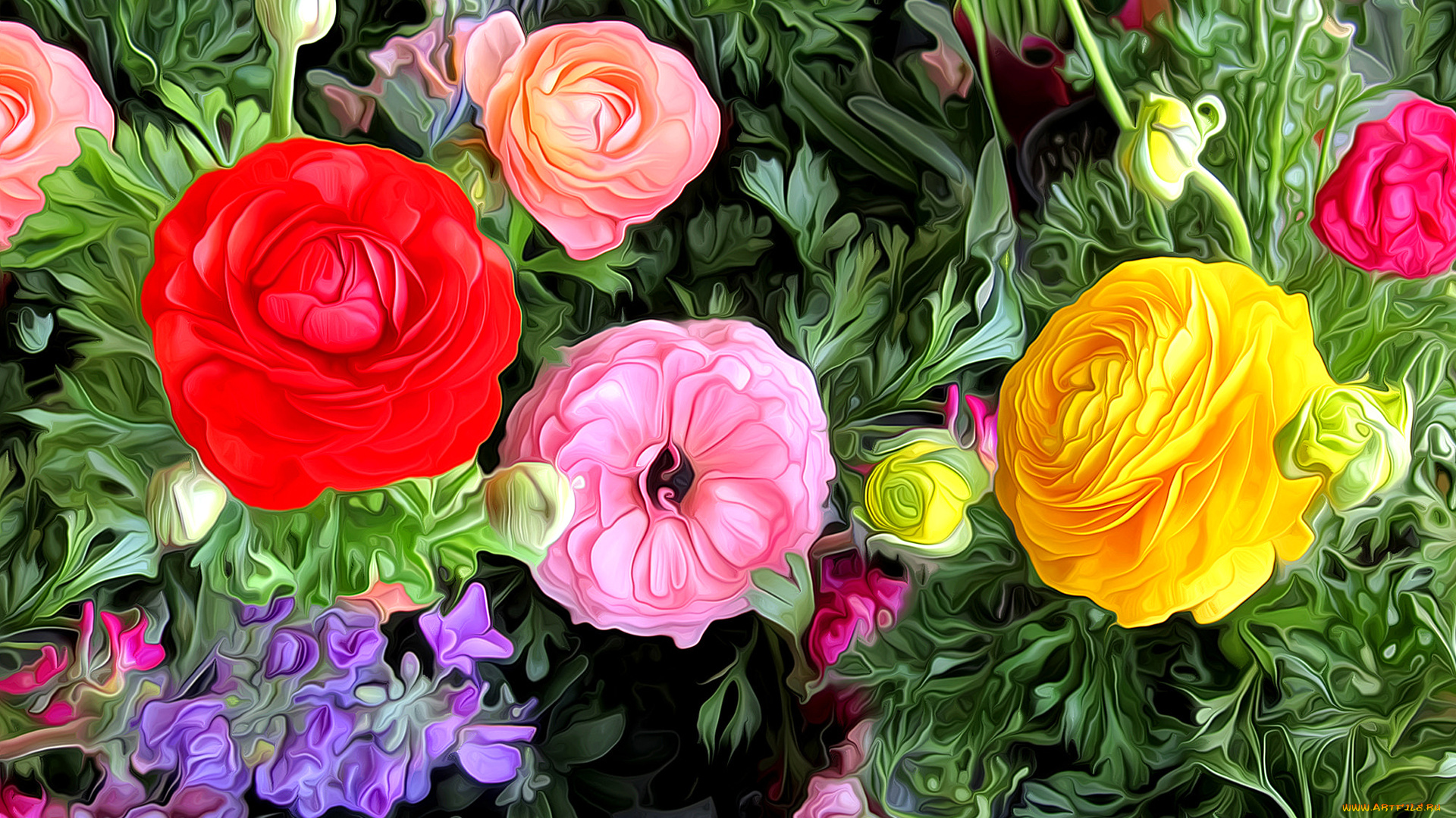 разное, компьютерный, дизайн, цветы, лепестки, листья, линии, краски, бутон