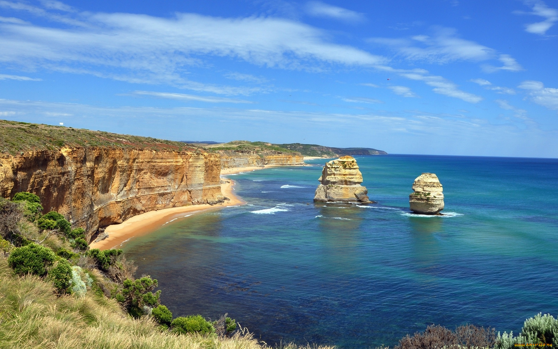 природа, побережье, море, скалы, берег, облака, острова, трава