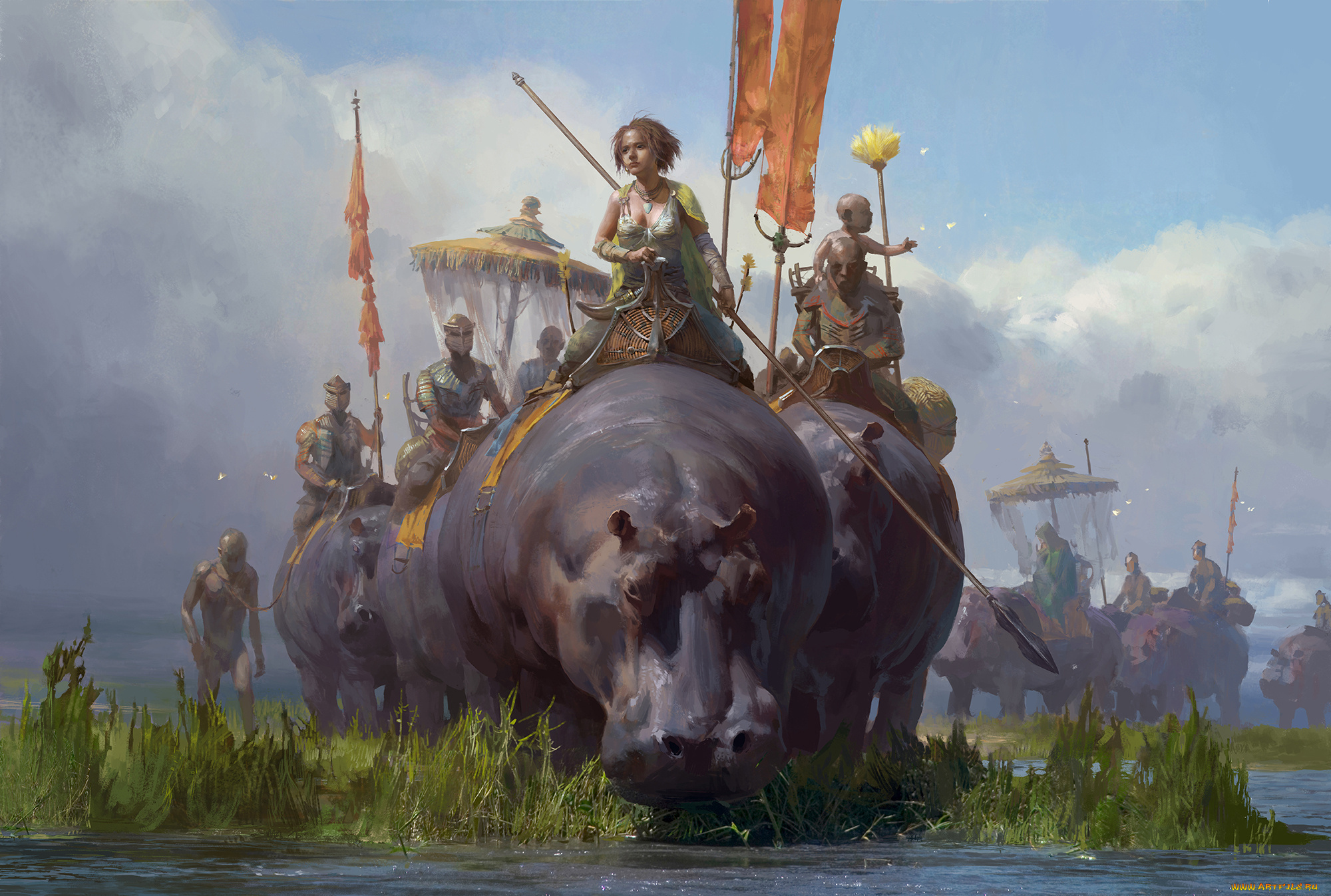 фэнтези, люди, иной, мир, племя, бегемоты, девушка, воины