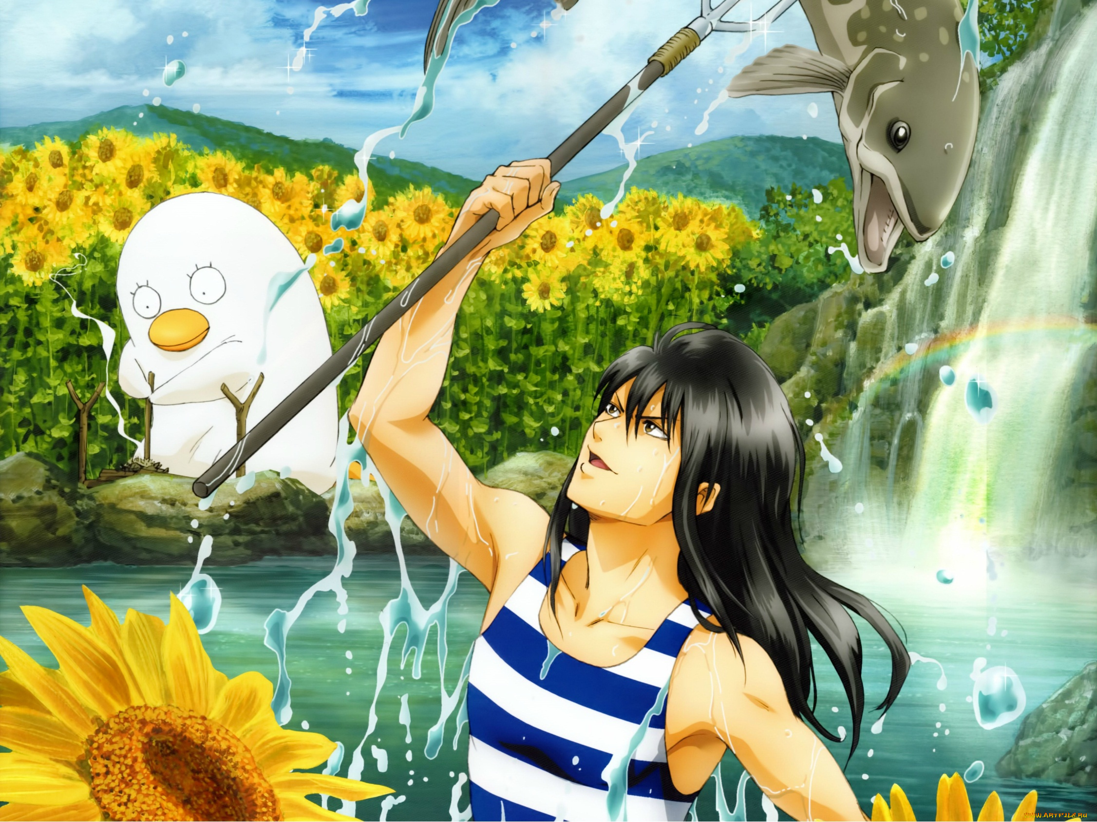 аниме, gintama, существо, водопад, тризубец, рыбалка, kotaro, katsura, elizabeth, гинтама, silver, soul, эйфория, брызги, подсолнухи, радуга