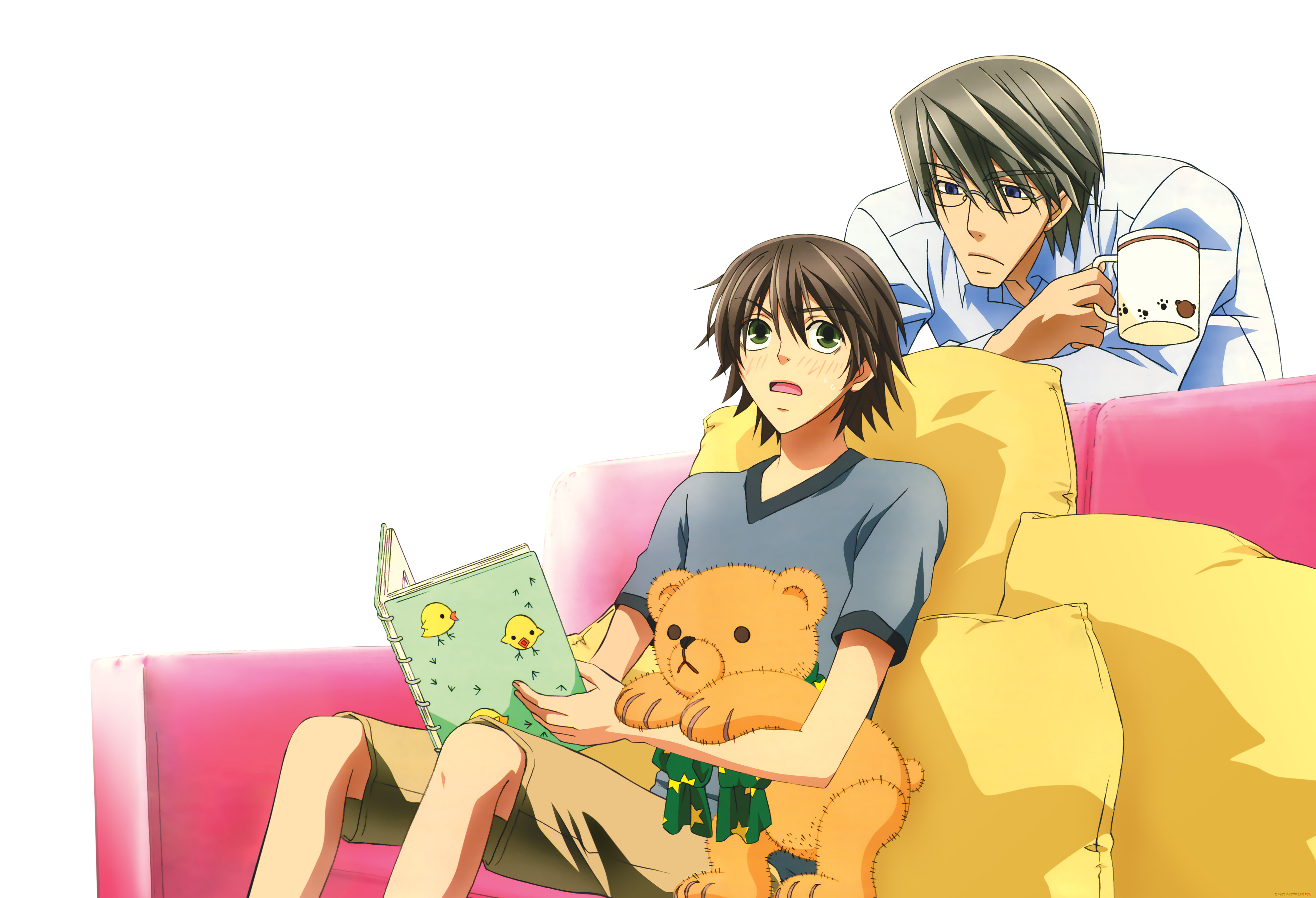 аниме, junjou, romantica, арт, junjou, romantica, парни, игрушки, мишки, пара