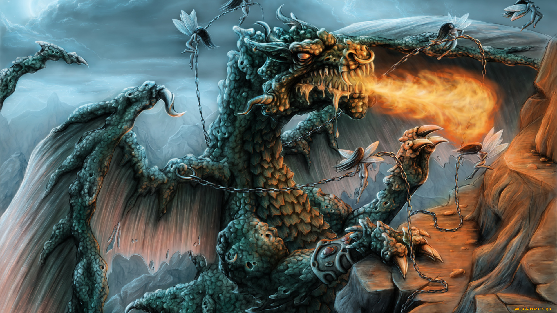 фэнтези, драконы, дракон, девушки, пламя, цепь