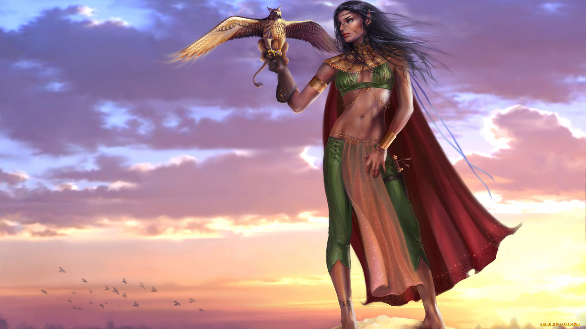 фэнтези, эльфы, грифон, эльфийка, охота, девушка