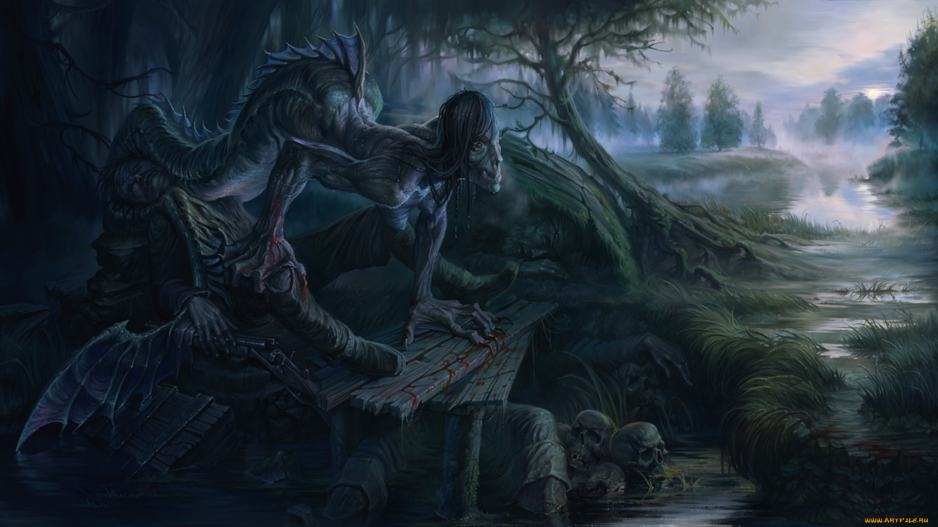 фэнтези, русалки, мужчина, существо, череп