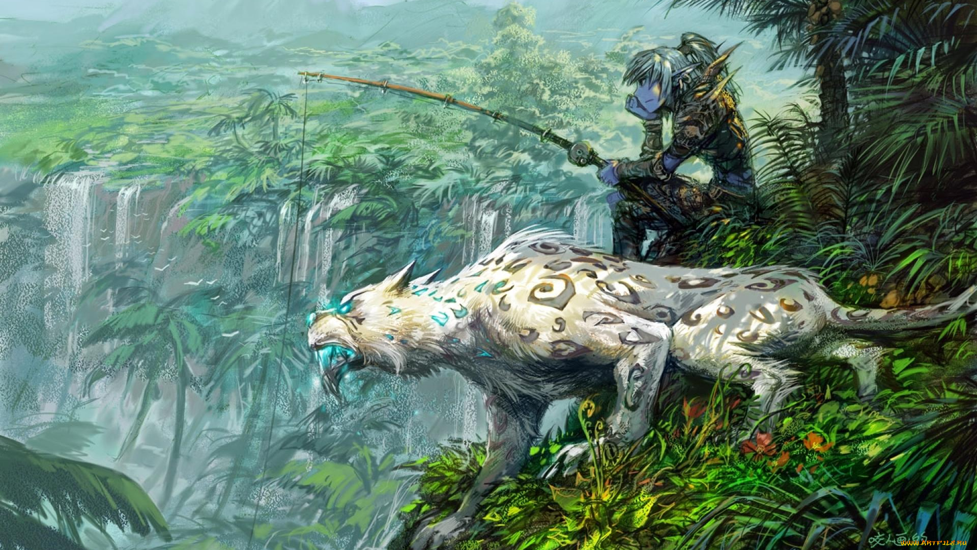 фэнтези, существа, хищник, парень, обрыв, рыбалка