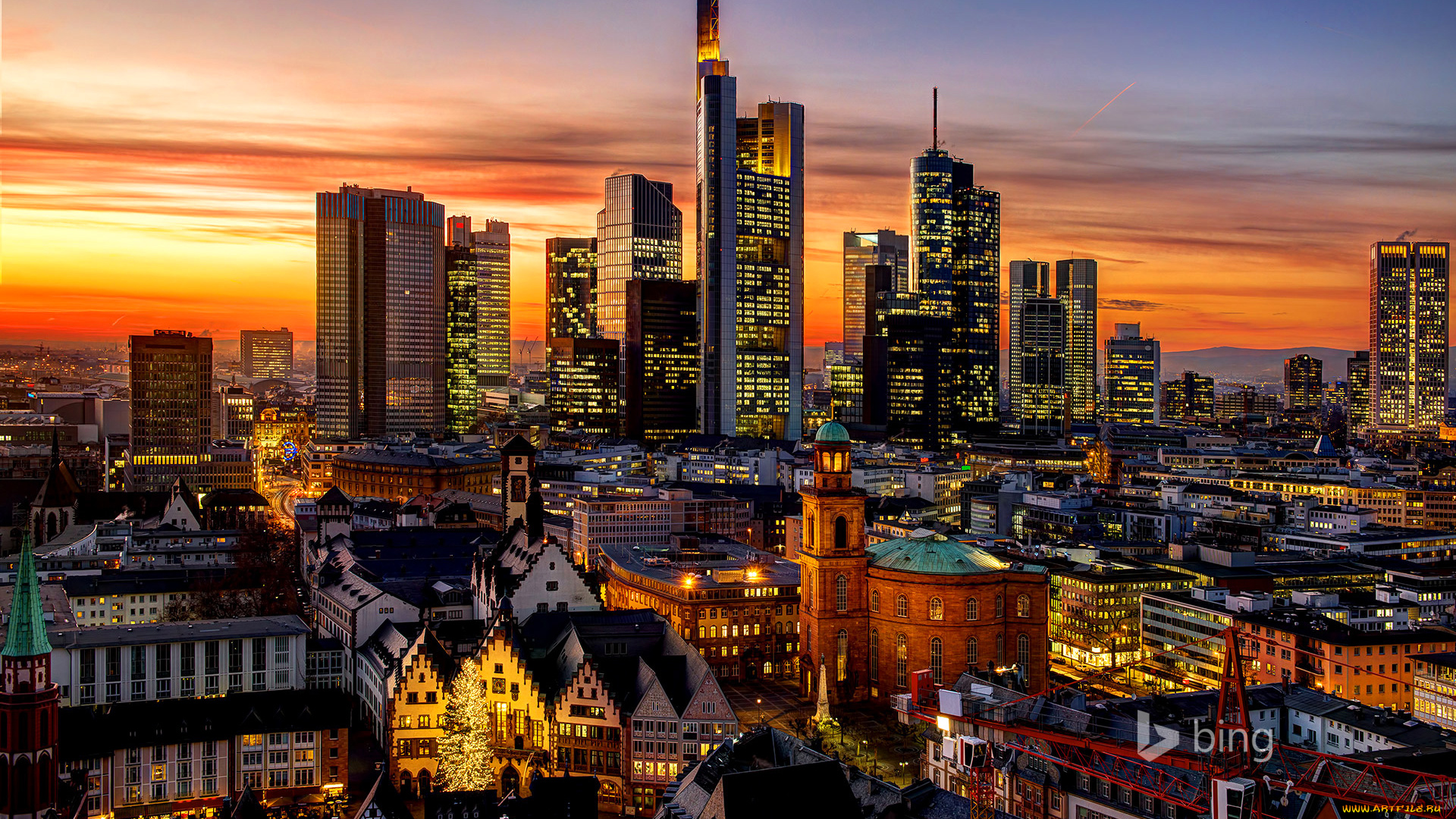 города, франкфурт-на-майне, , германия, франкфурт-на-майне, вечер, облака, огни, дома, гессен