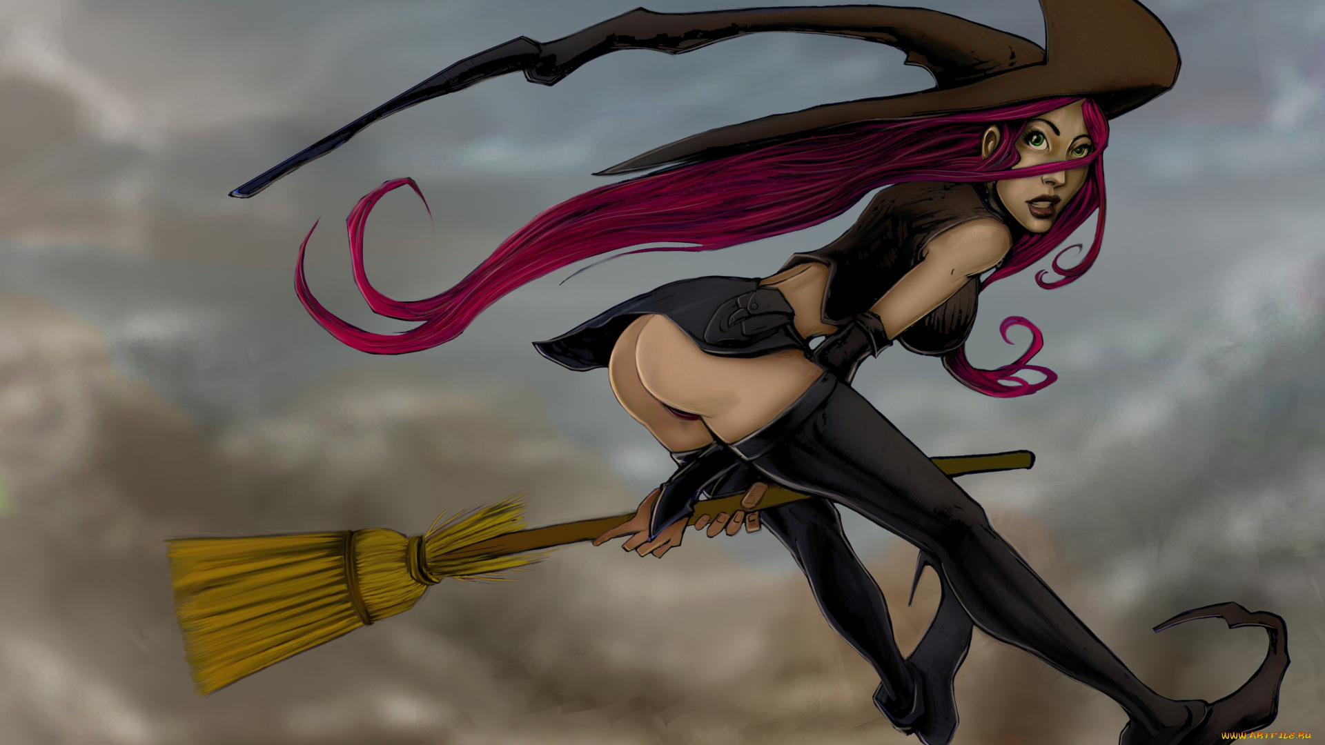 рисованное, комиксы, девушка, фон, взгляд, метла, полёт