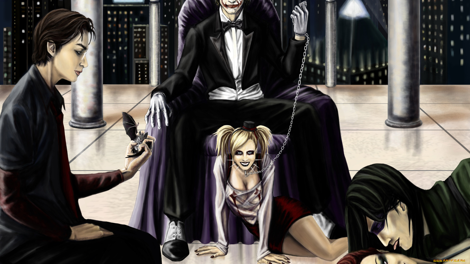 рисованное, комиксы, мужчины, девушки, фон, взгляд, ошейник, улыбка, колонна