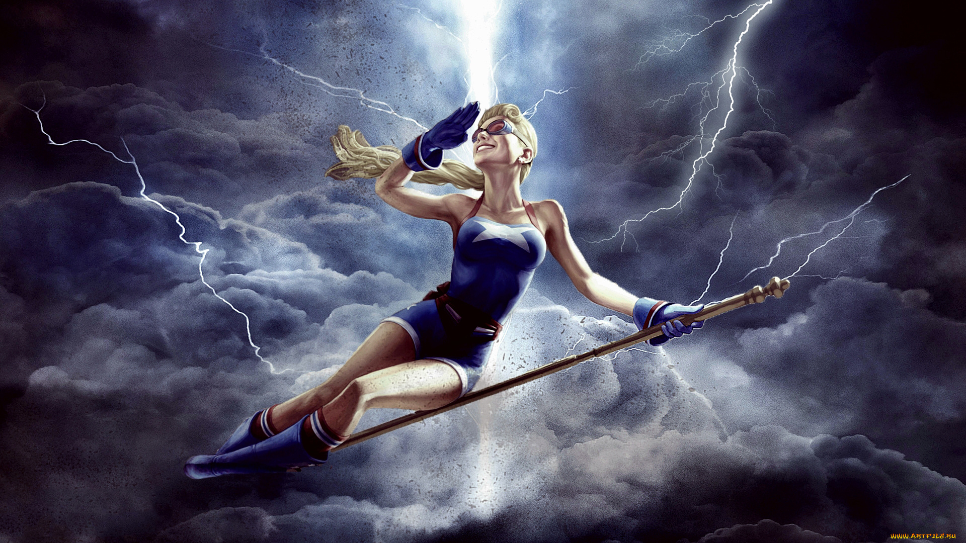 рисованное, комиксы, полёт, улыбка, фон, девушка