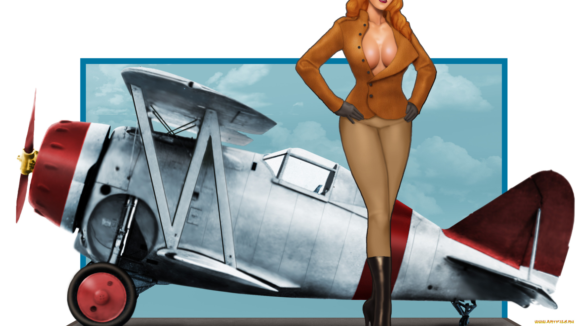 рисованное, люди, девушка, фон, взгляд, самолёт