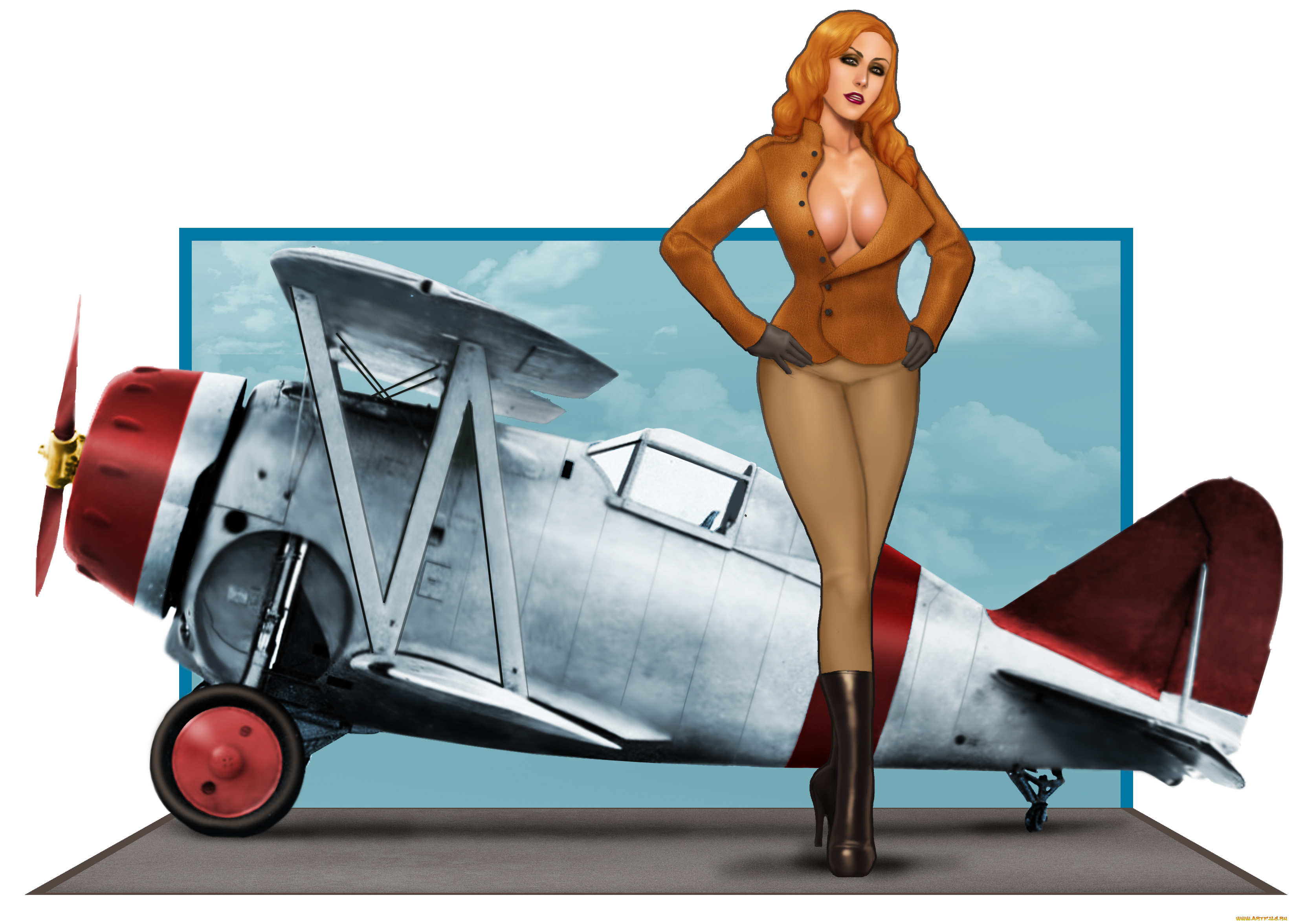 рисованное, люди, девушка, фон, взгляд, самолёт