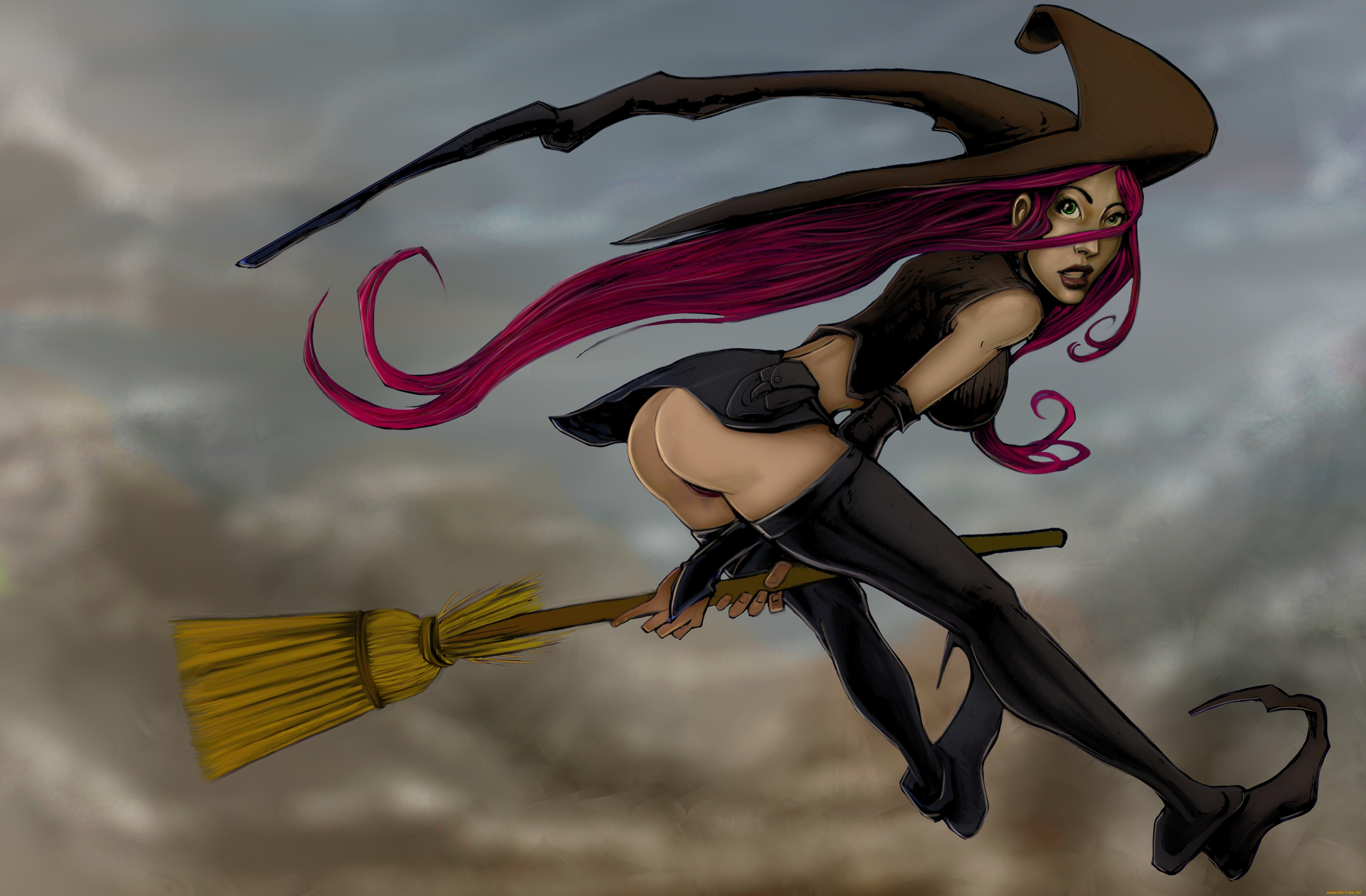 рисованное, комиксы, девушка, фон, взгляд, метла, полёт