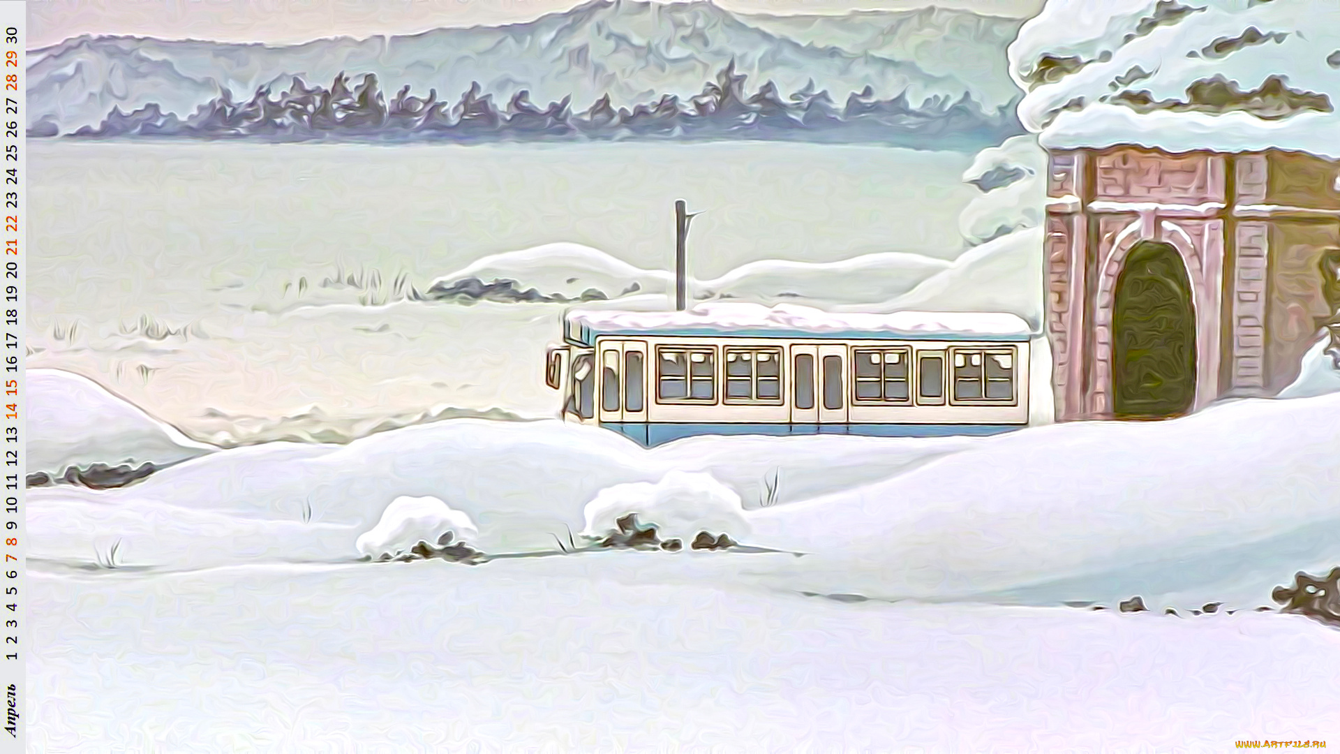 календари, рисованные, , векторная, графика, автобус, снег, гора