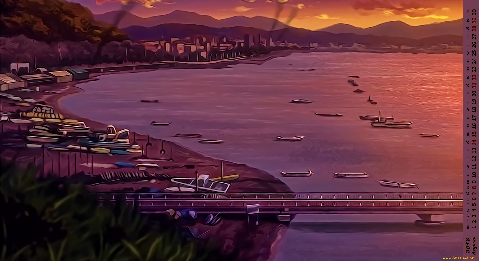 календари, рисованные, , векторная, графика, водоем, мост, лодка, побережье