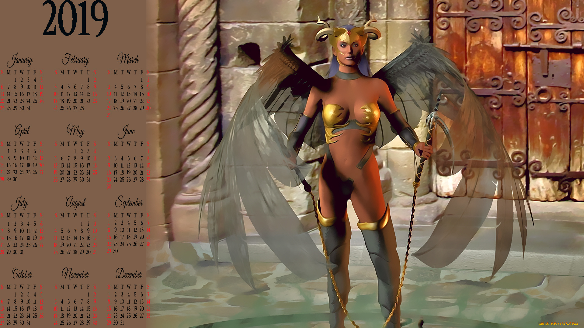 календари, 3д-графика, рога, девушка, крылья, ворота