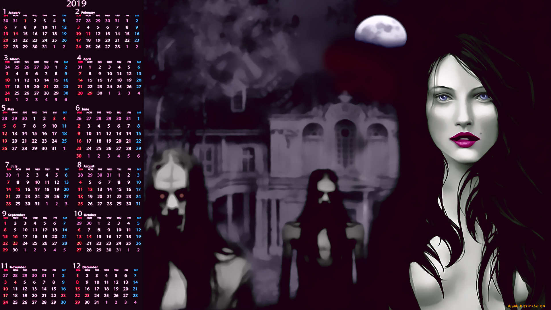 календари, фэнтези, нежить, девушка, призрак, луна, дом