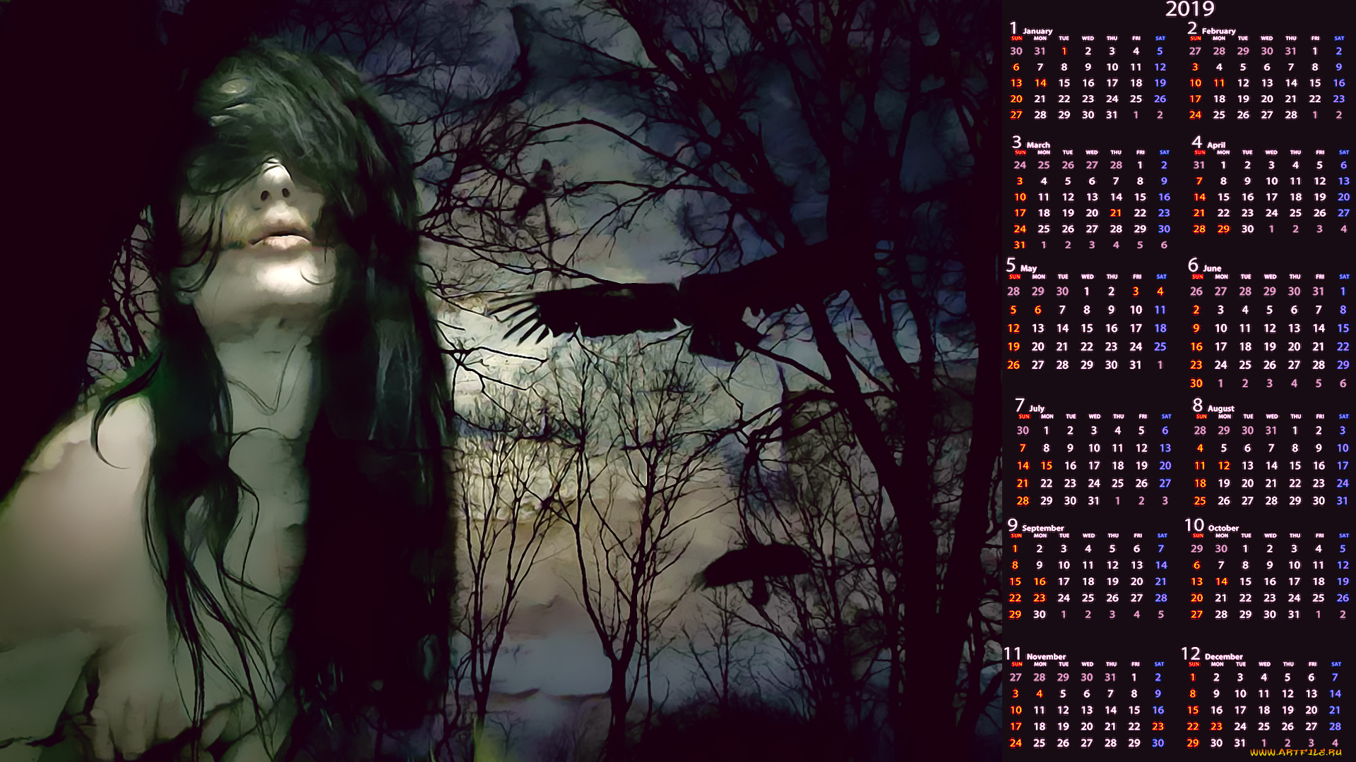 календари, фэнтези, призрак, птица, девушка, образ