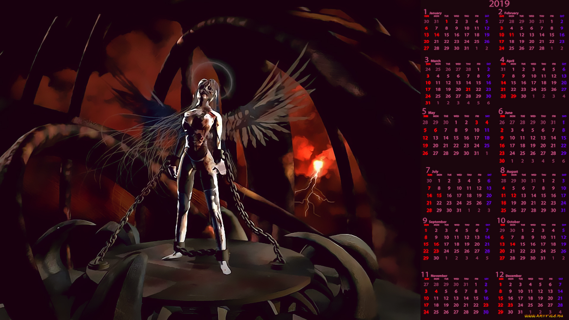 календари, фэнтези, существо, цепь, крылья