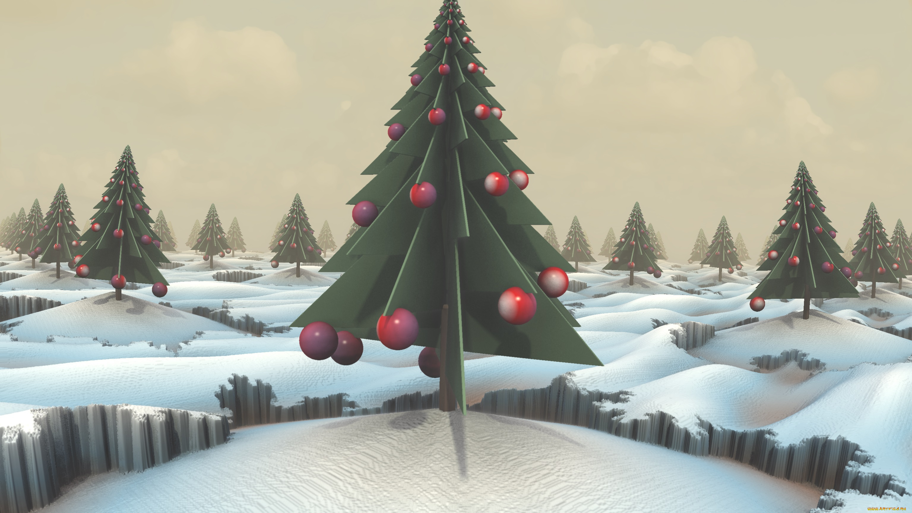 3д, графика, праздники, , holidays, снег, елка, игрушки