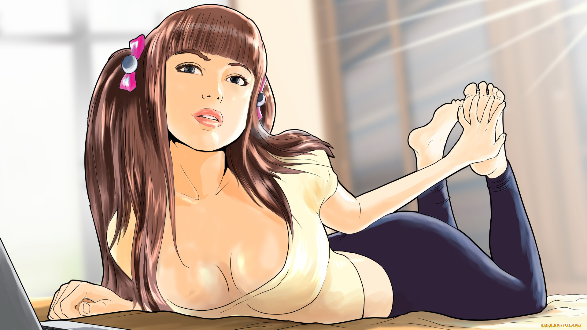 рисованное, люди, девушка, фон, взгляд, ноутбук