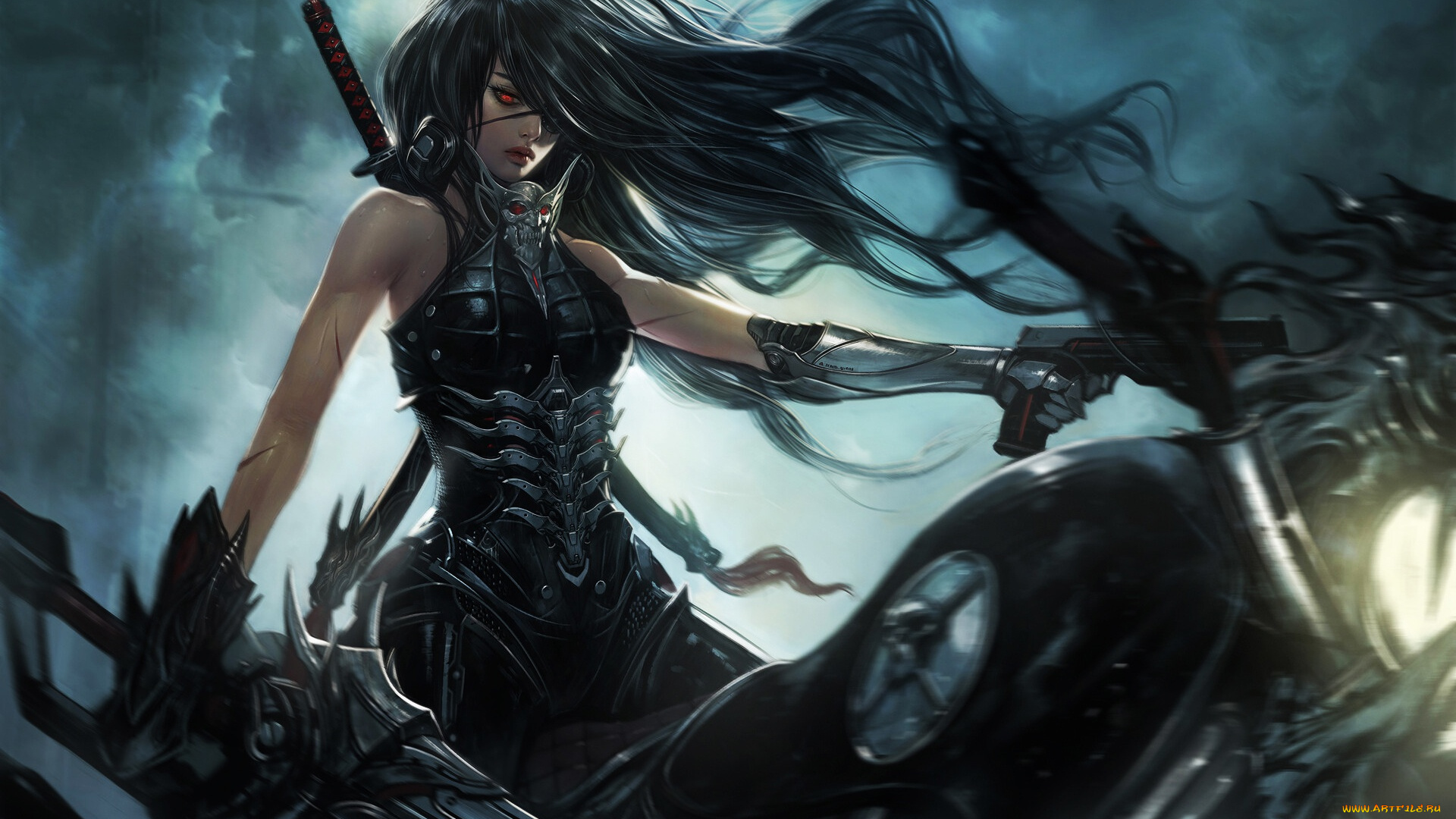 фэнтези, девушки, девушка, оружие, мотоцикл