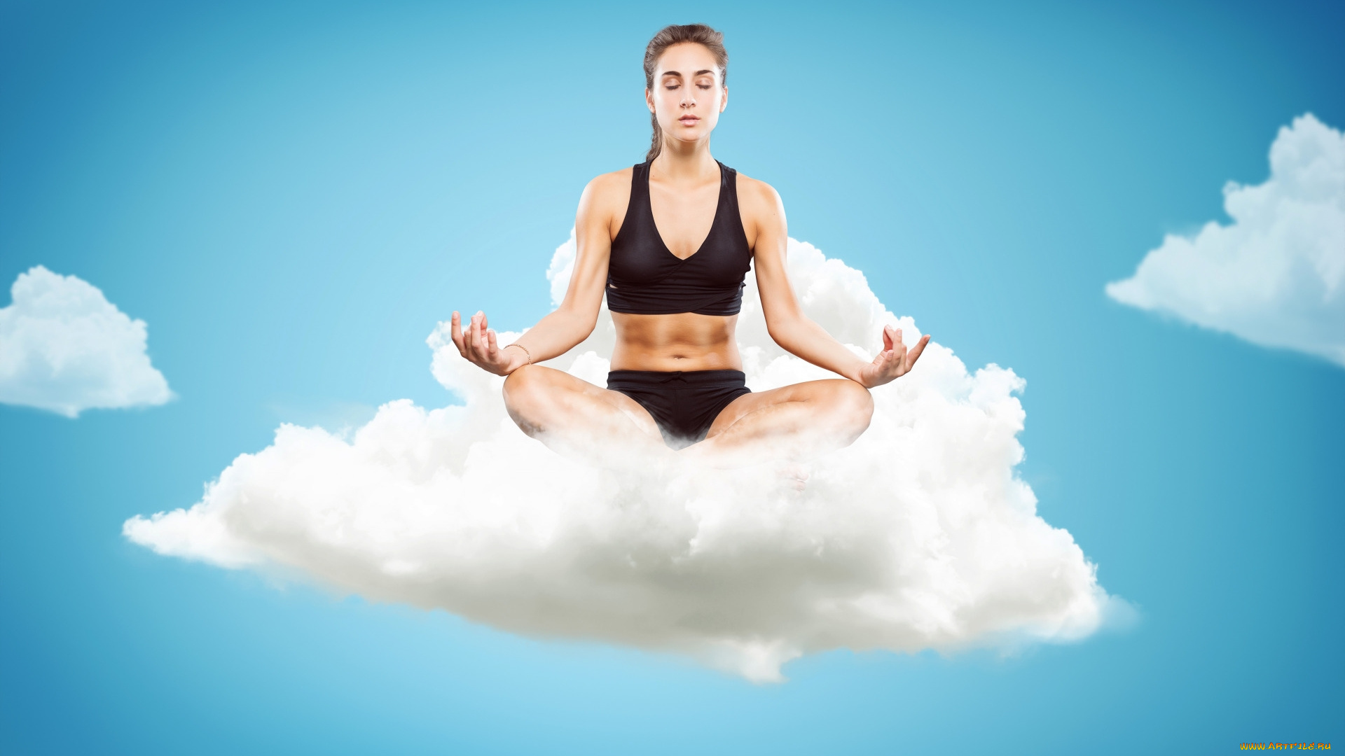 спорт, фитнес, облако, шатенка, йога