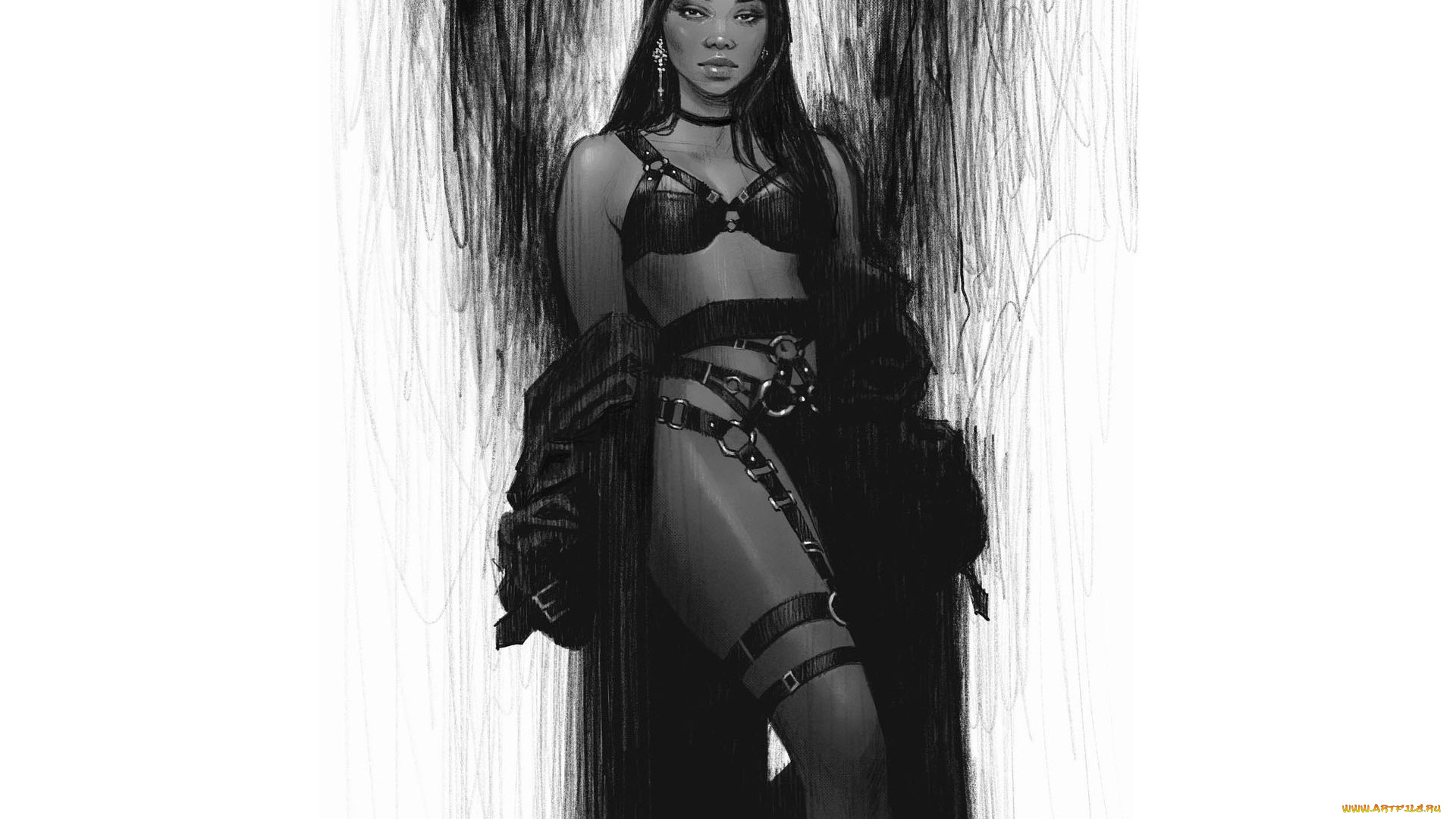 рисованное, люди, девушка, халат, белье