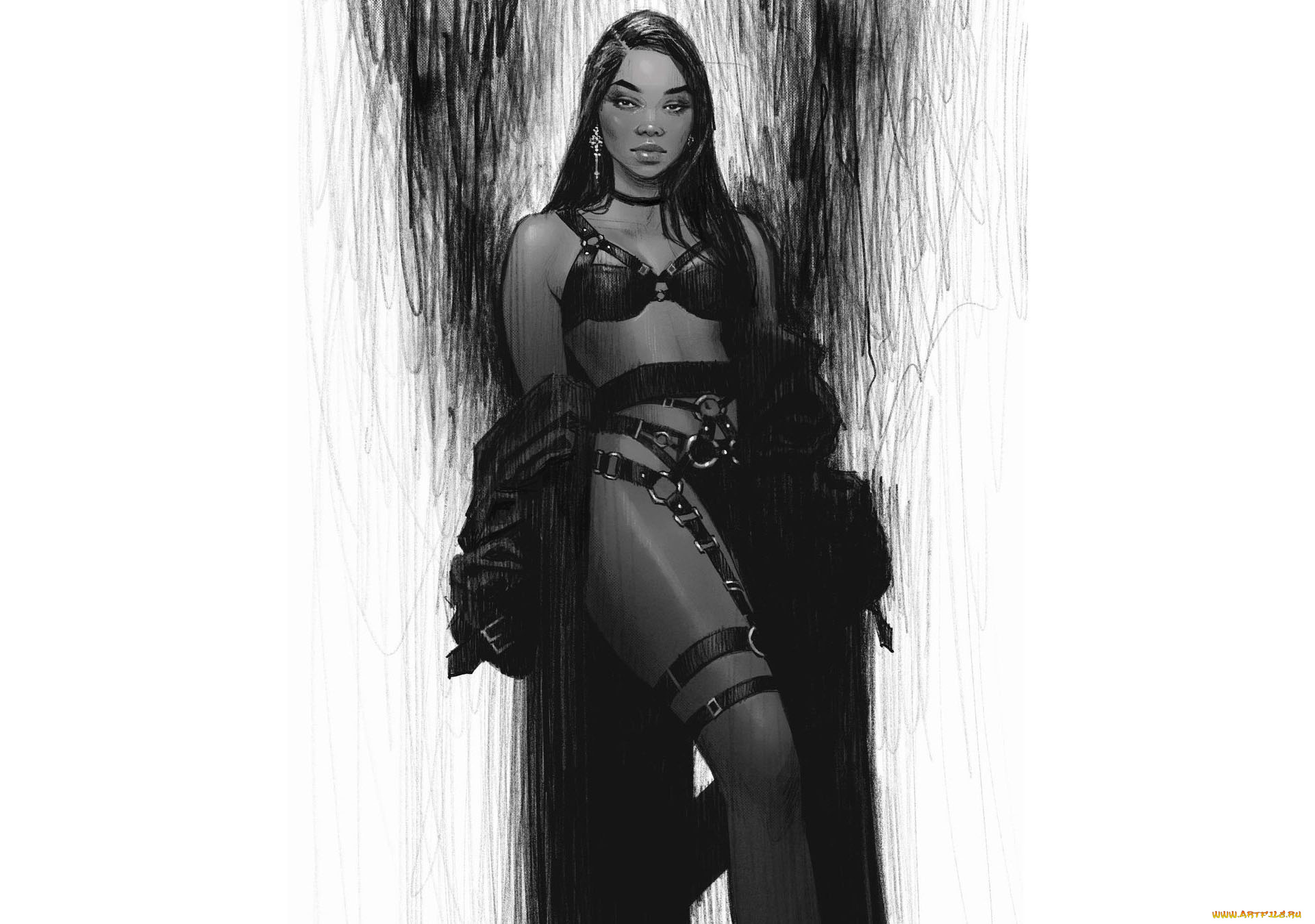 рисованное, люди, девушка, халат, белье