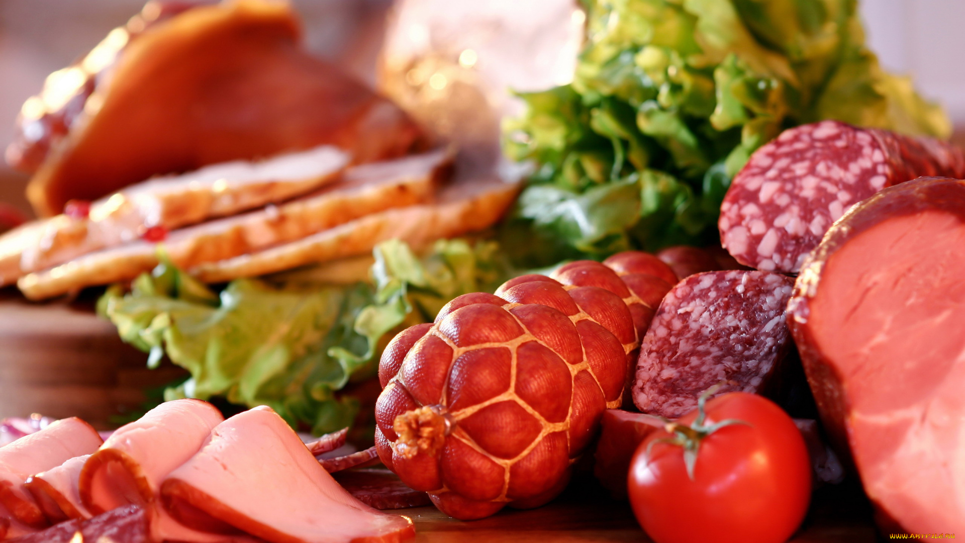 еда, колбасные, изделия, ветчина, колбаса, помидор