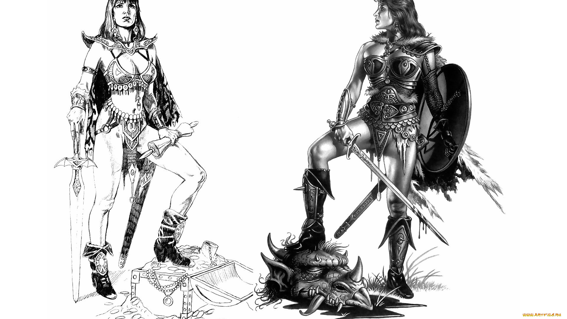 фэнтези, девушки, воительницы, сундук, дракон