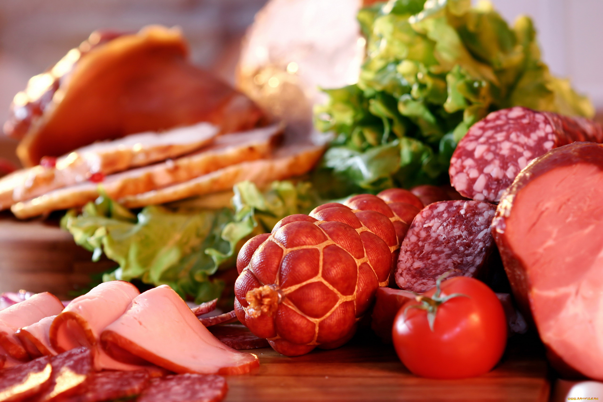еда, колбасные, изделия, ветчина, колбаса, помидор