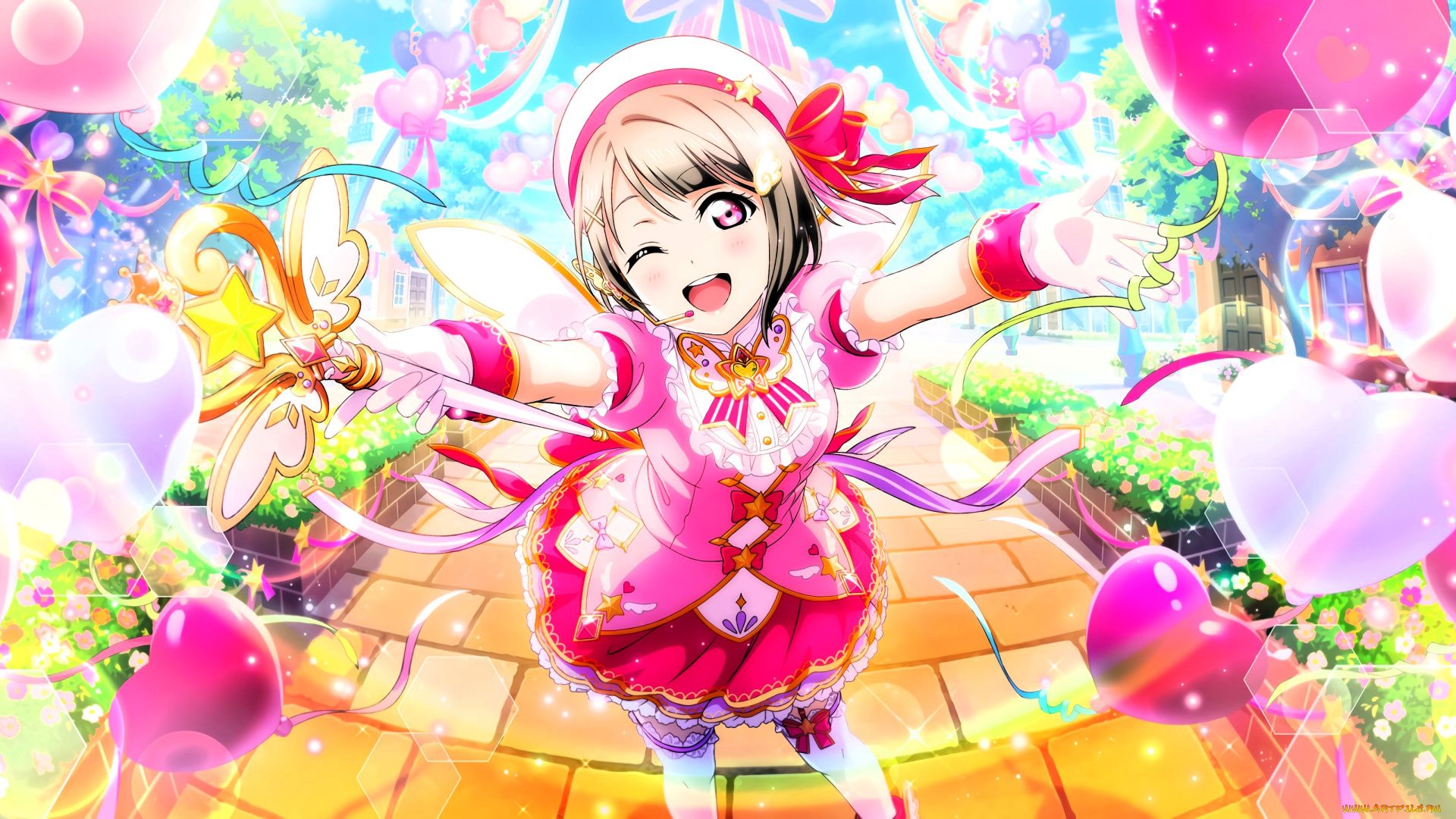 аниме, love, live, , school, idol, project, девочка, посох, шарики, дорожка, сад