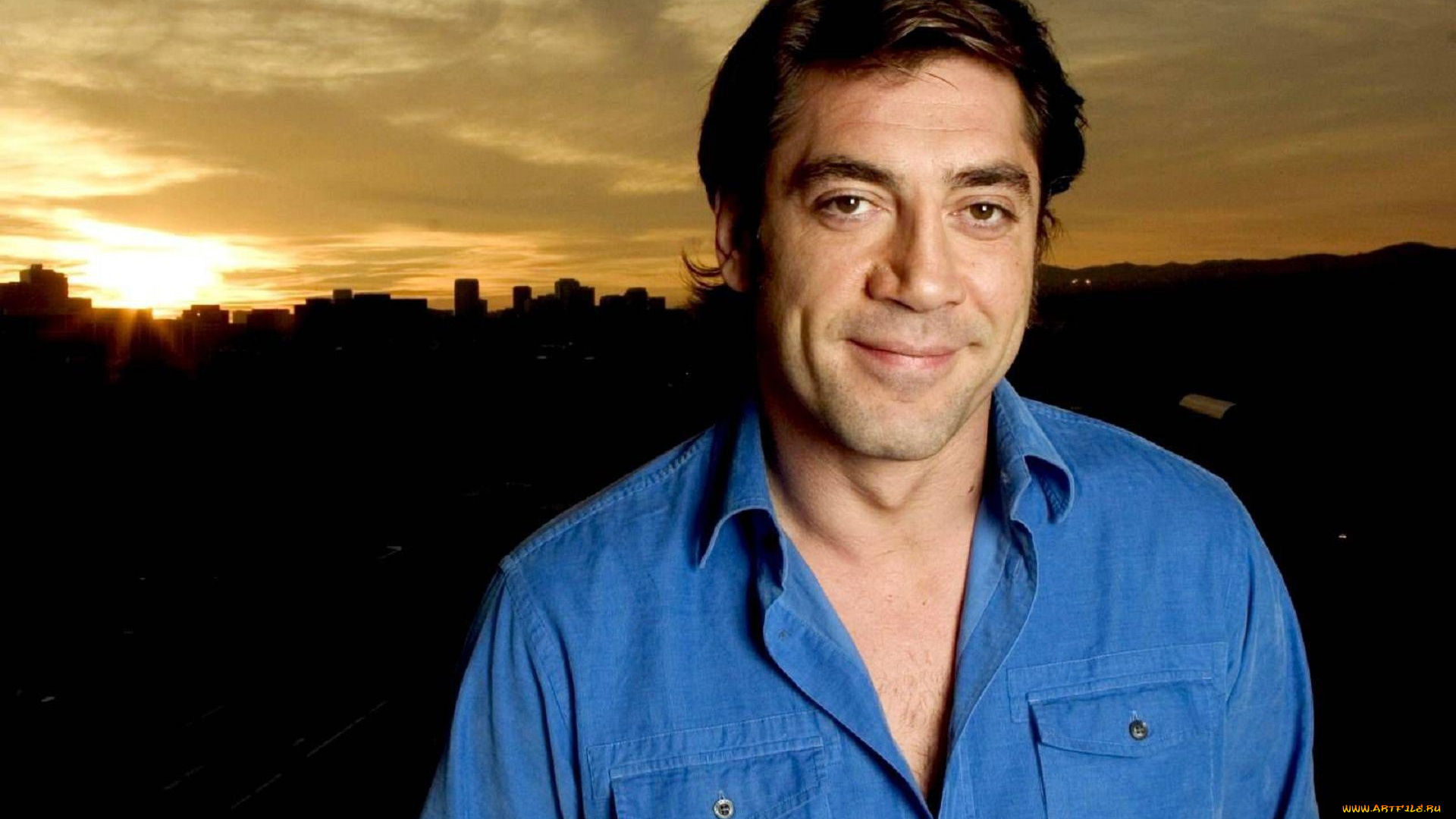мужчины, javier, bardem, актер, рубашка, закат, город