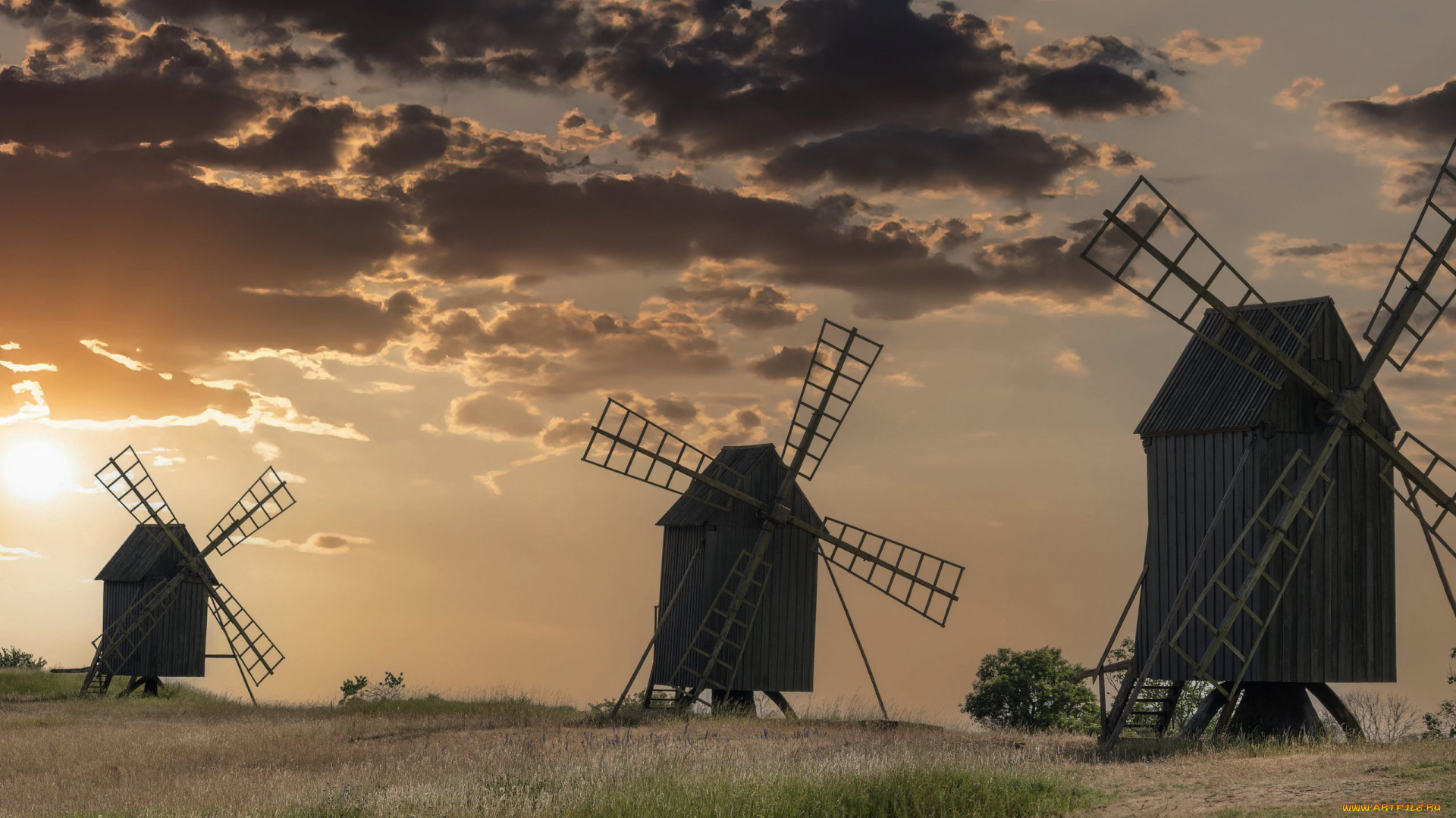 разное, мельницы, тучи, деревянные