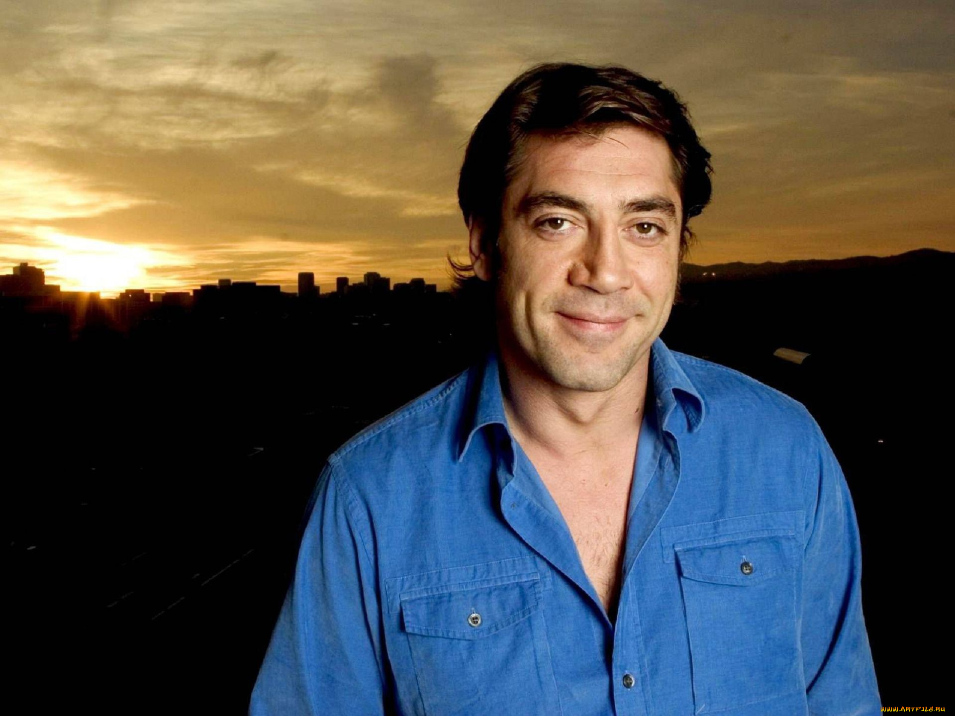 мужчины, javier, bardem, актер, рубашка, закат, город
