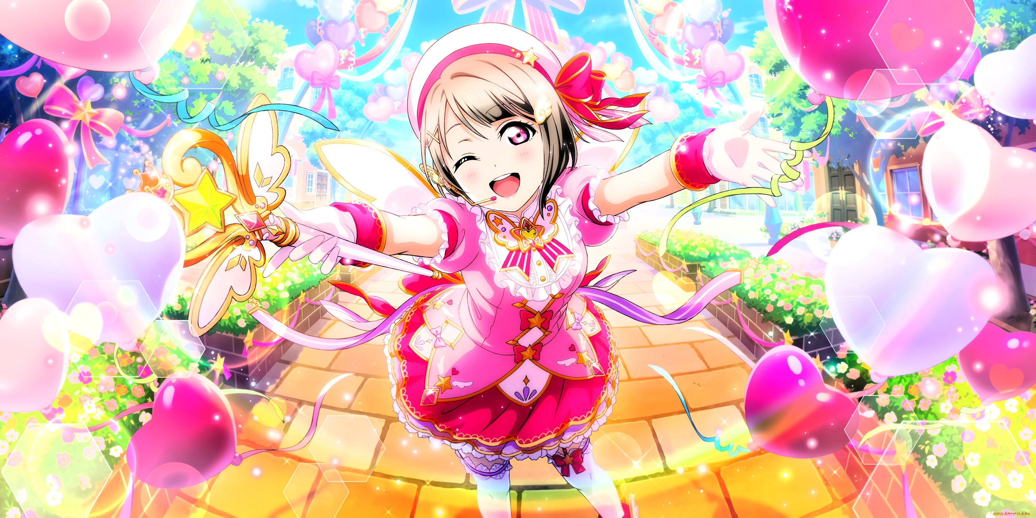 аниме, love, live, , school, idol, project, девочка, посох, шарики, дорожка, сад