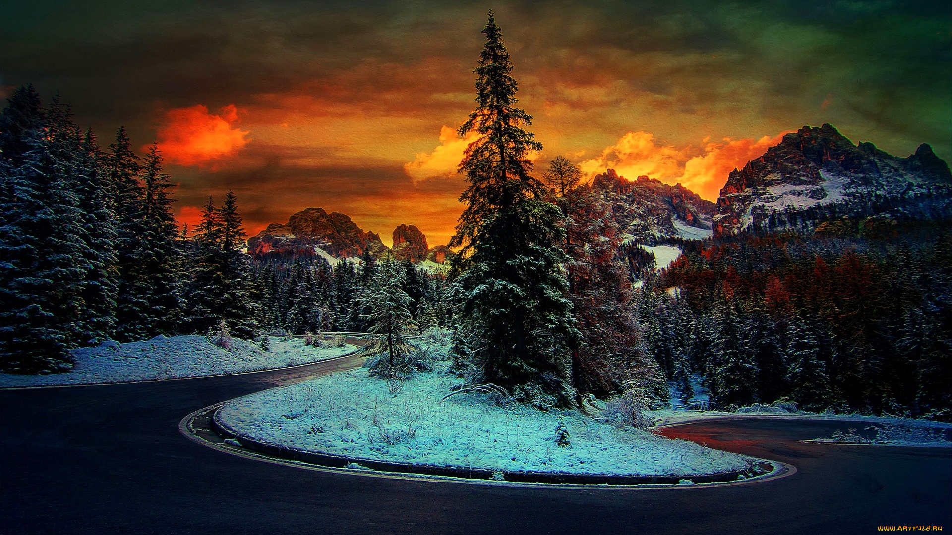 природа, дороги, тучи, закат, горы, лес, снег, дорога