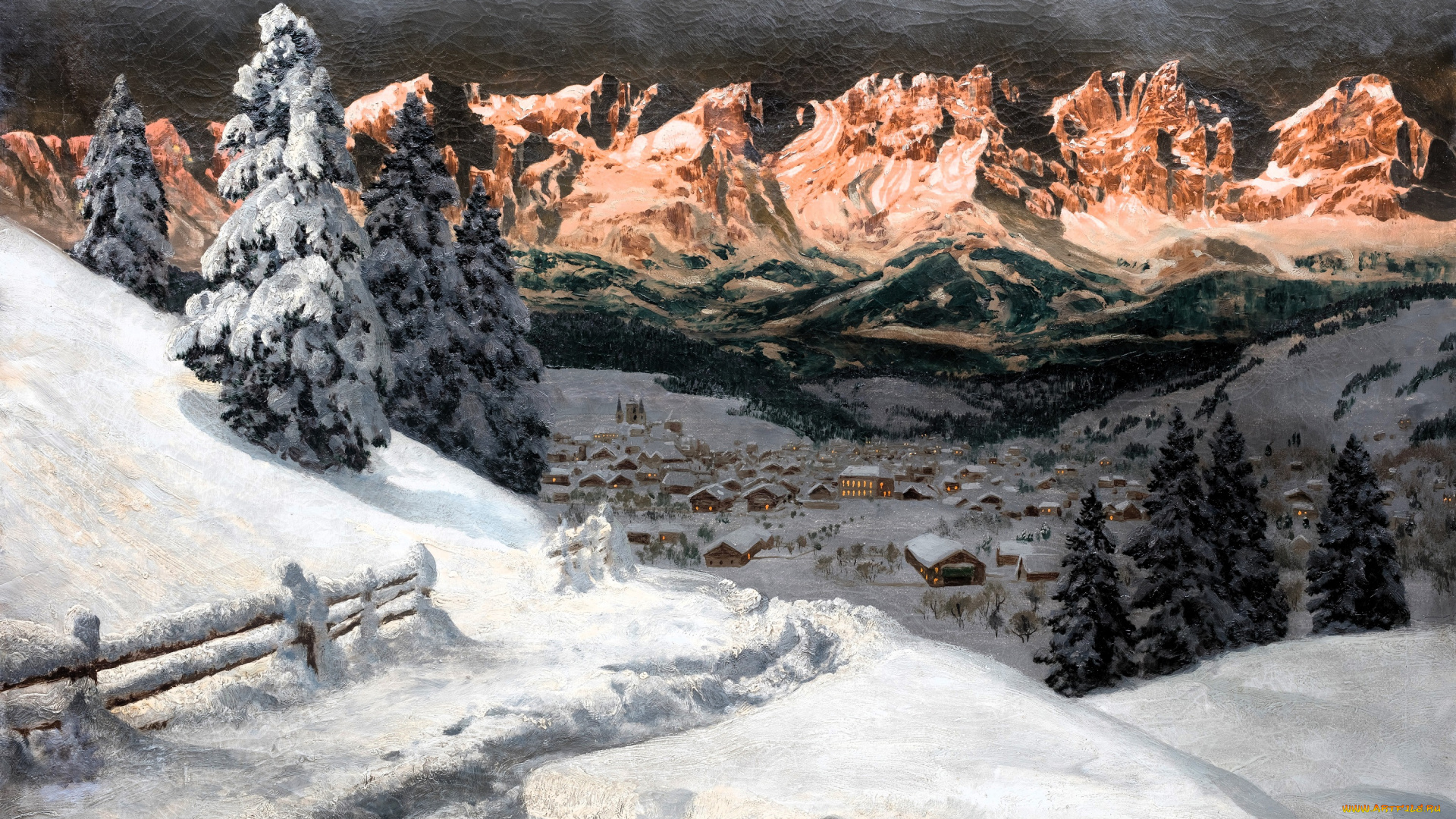 рисованное, alois, arnegger, горы, лес, снег, зима, деревня, долина, следы