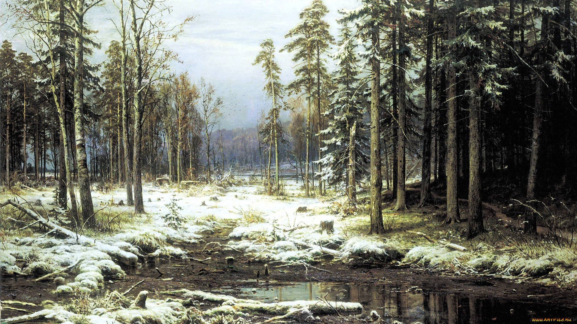 шишкин, иван, -, первый, снег, рисованное, иван, шишкин, лес, снег, лужа