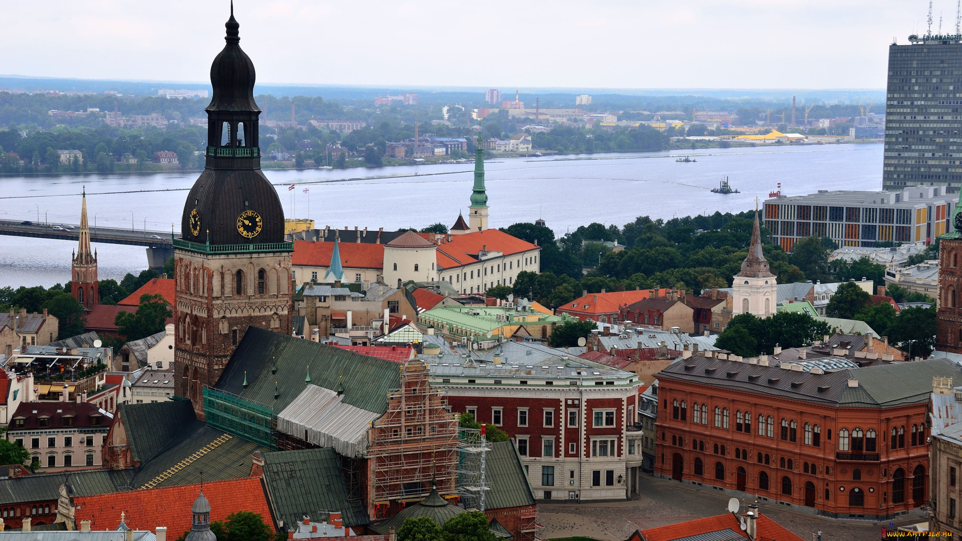 города, рига, латвия, дома, крыши, собор, река