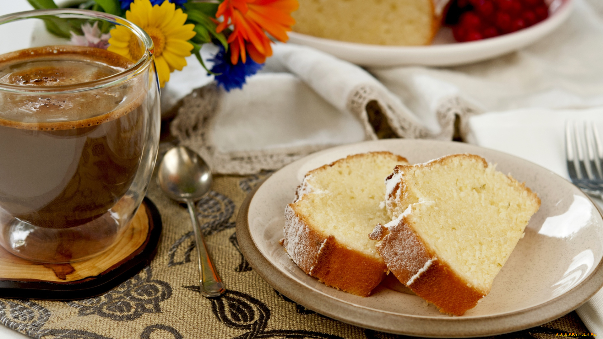 еда, кофе, кофейные, зёрна, цветы, выпечка